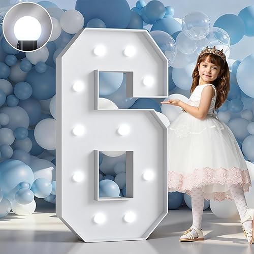 imprsv - Números tipo marquesina de 4 pies, números iluminados, número 6, luz color blanco frío, números grandes para decoraciones de fiesta de