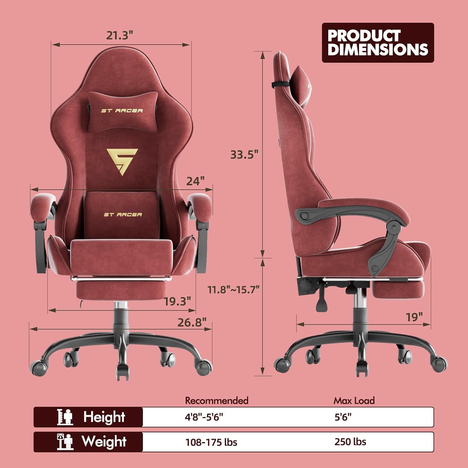 Silla Gaming Ergonómica con Masaje de Cintura,Silla Gamer Reposapiés y Reposacabezas Retráctil,Silla Oficina Material de Terciopelo cómodo,Rojo