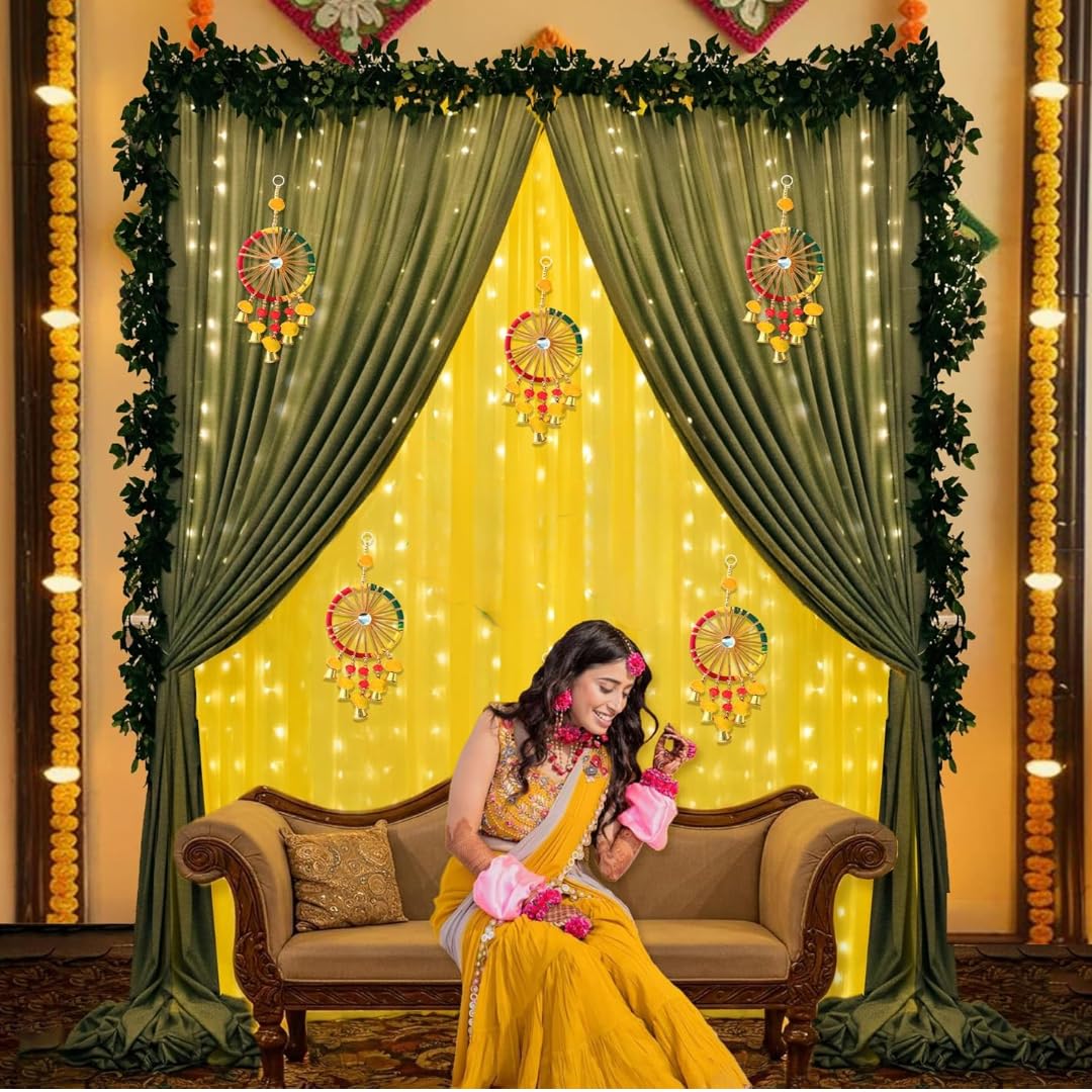 Floroom Mehendi Decoration Setup with Yellow & Green Chiffon Like Back Drop Curtain for Home,Mehendi Board Banner,Haldi Mehandi Decoration Items for Marriage (Haldi_22) 4