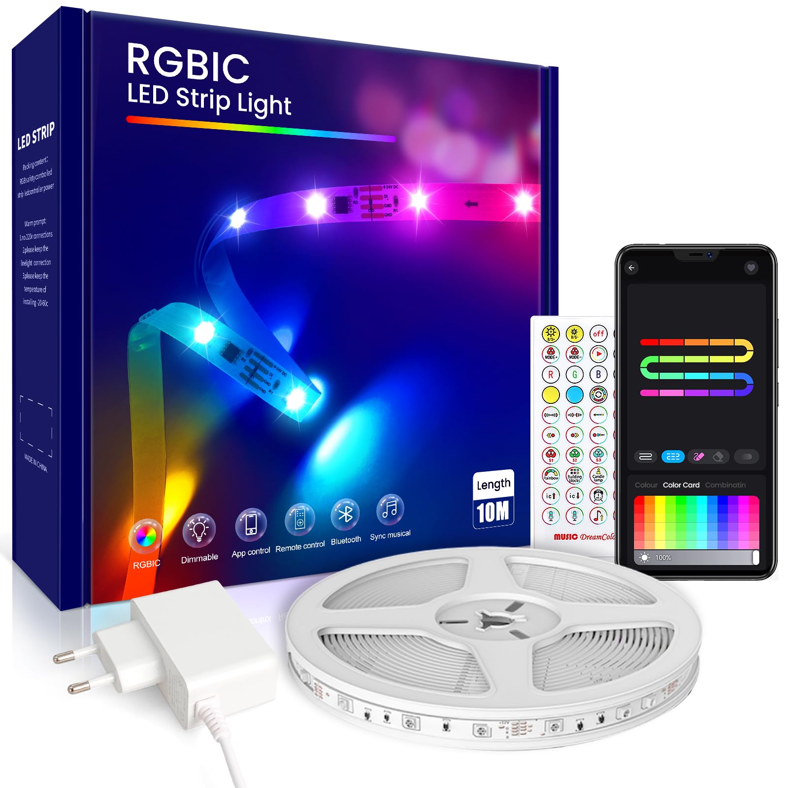 BEAEET Striscia LED 10 Metri,Strisce LED RGB+IC con APP Bluetooth e Telecomando,Strisce led Sincronizzazione Musicale,la Adatto per Interni,Feste e per Natale