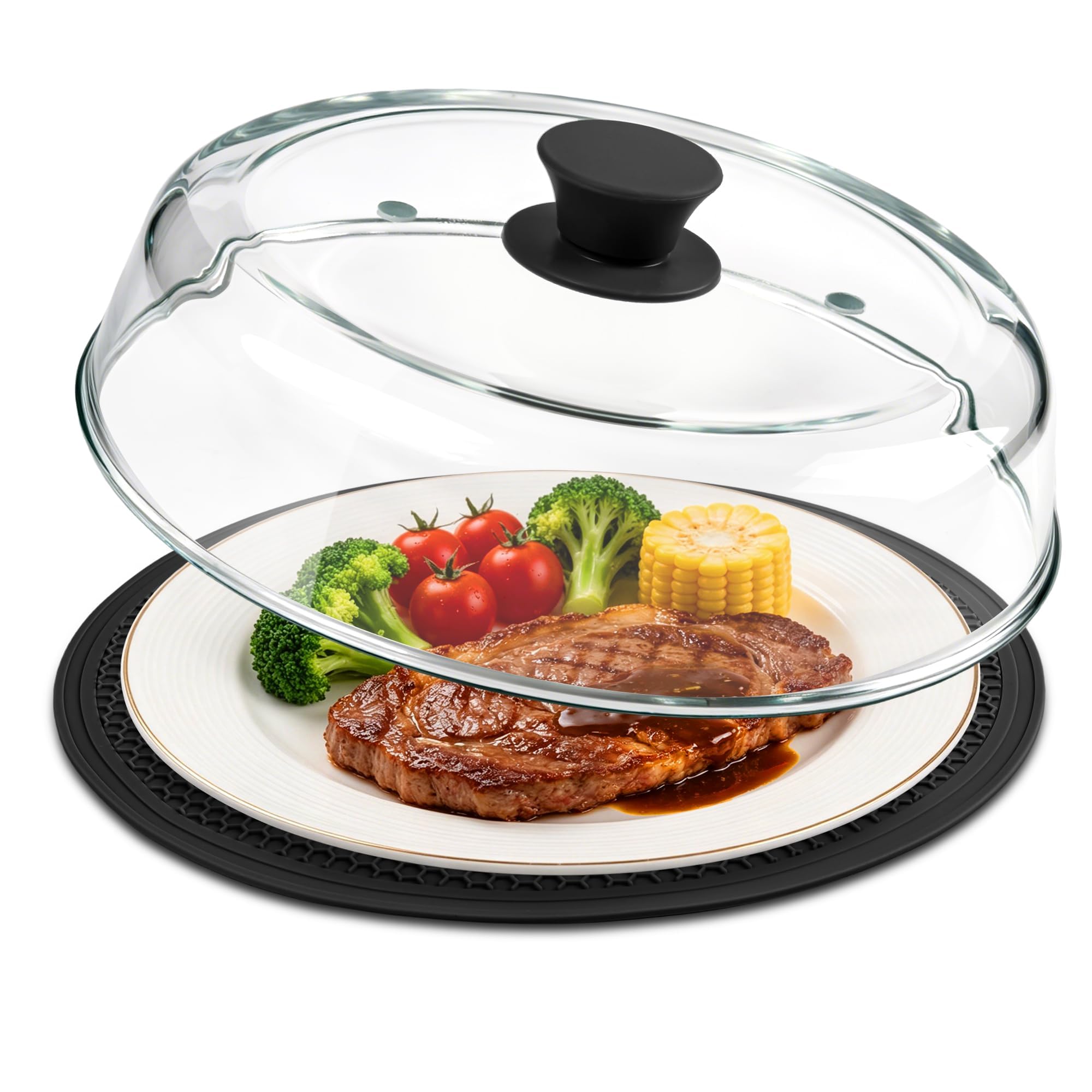 Photo 1 of 10inch Glass Microwave Splatter Cover for Food with Silicone Mat – Heat Resistant Plate Splatter Guard Lid with Vent Holes & Easy-Grip Handle – BPA Free, Dishwasher Safe