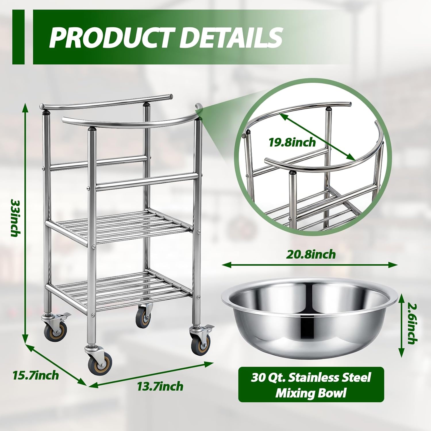 Zonon Commercial Mixing Bowl Cart with Wheels, Heavy-Duty Stainless Steel Prep Station, 30 Qt. Large Capacity Bowl, 2-tier Storage, Ideal for Restaurant and Bakery Kitchens