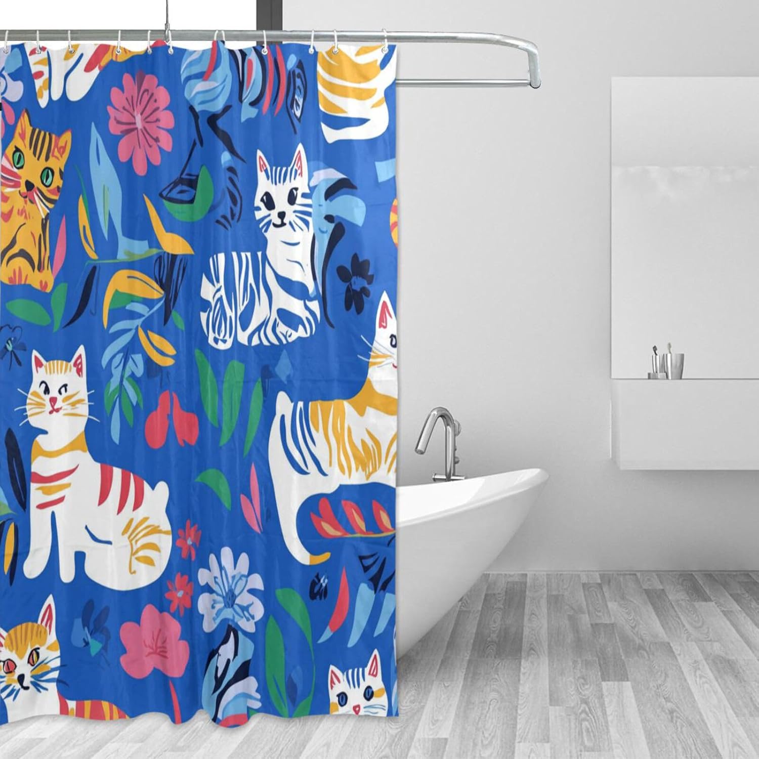 72x72 Inch Cloth Water Proof Printed Shower Curtain with Curtain Fabric Washable Luxury Shower Liner for Bathroom Accessories Chic American Cats Royal Blue