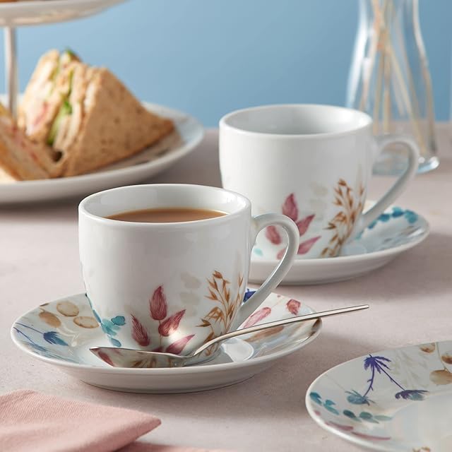 EHC Meadow Set Of 2 Fine Porcelain Cup & Saucer, Gift Boxed, 250 ml, Dishwasher & Microwave Safe
