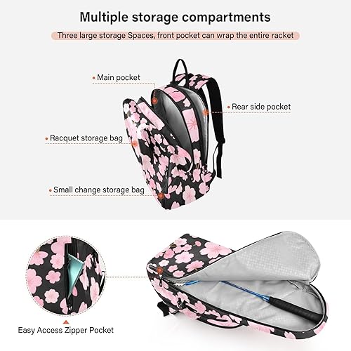 Miniatura 5 de Bolsa de pelota de raqueta de tenis, bonita y resistente, color rosa, zéfiro japonés, flor de cerezo, bolsa con capacidad para 2 raquetas para