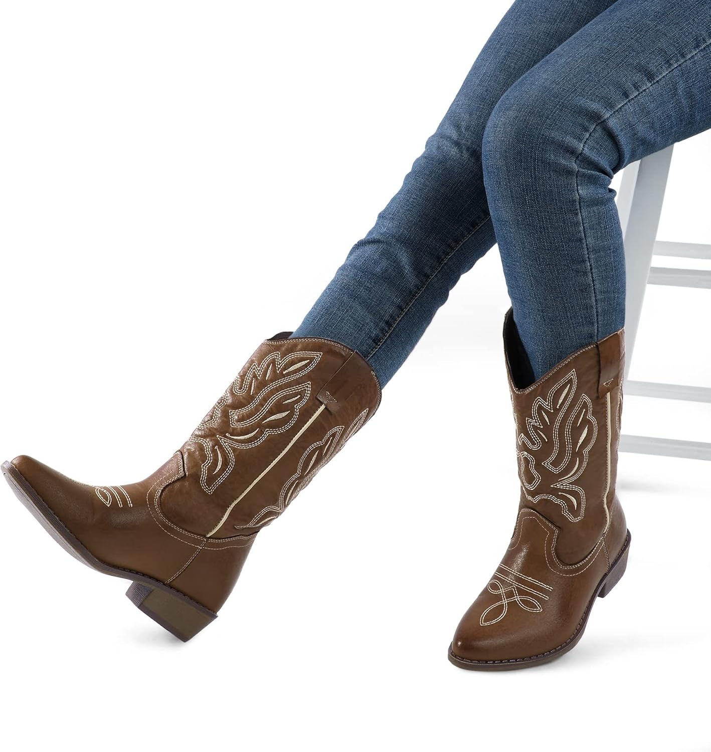 mysoft Cowboy Boots For Women - Western Cowgirl Boots Mid Calf Chunky Heel Booties Pointed Toe Country Shoes