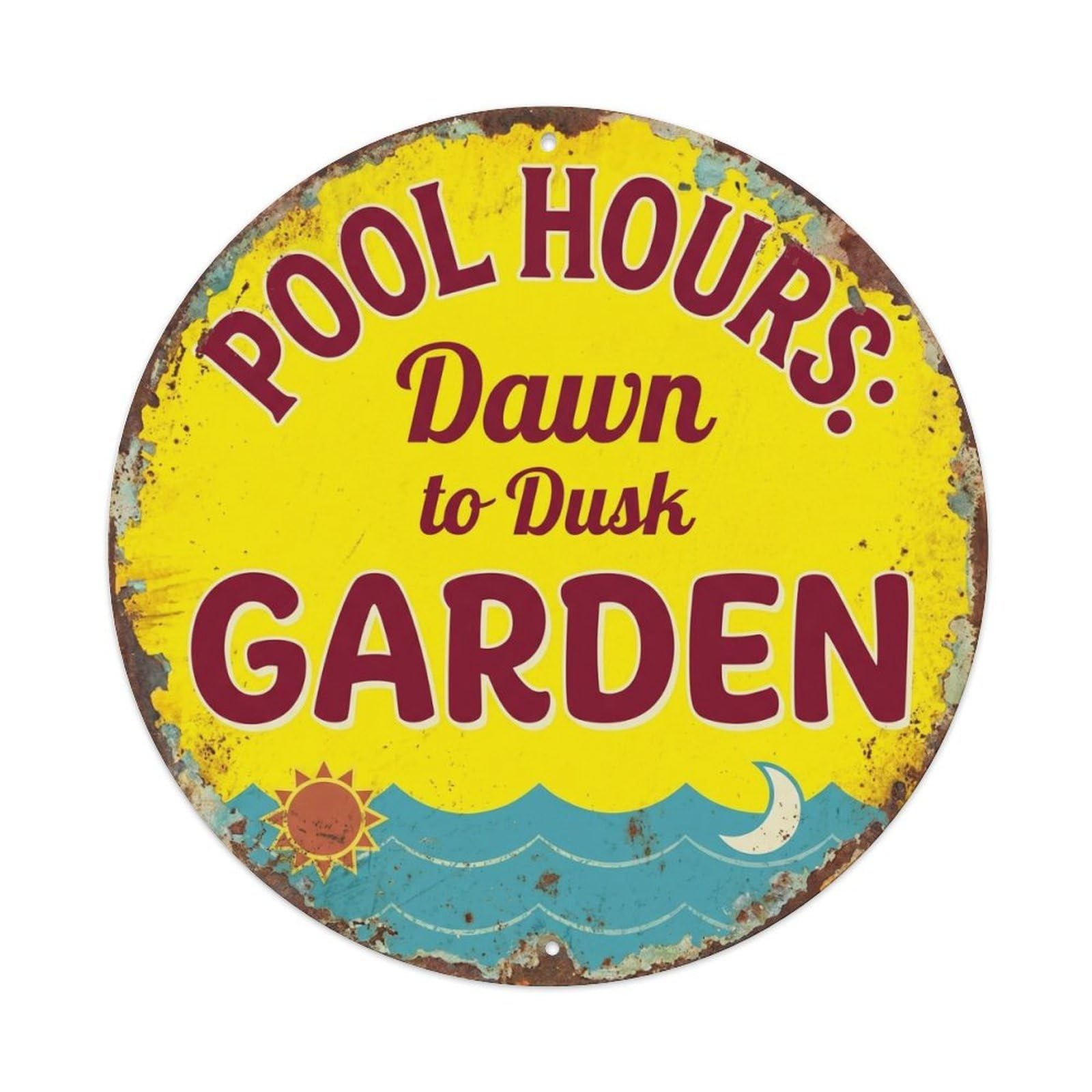 Pool Hours Garden Vintage Metal Tin Sign Plaque Wall Decor for Cafe, Club, Garden Round Metal Poster 8x8Inch