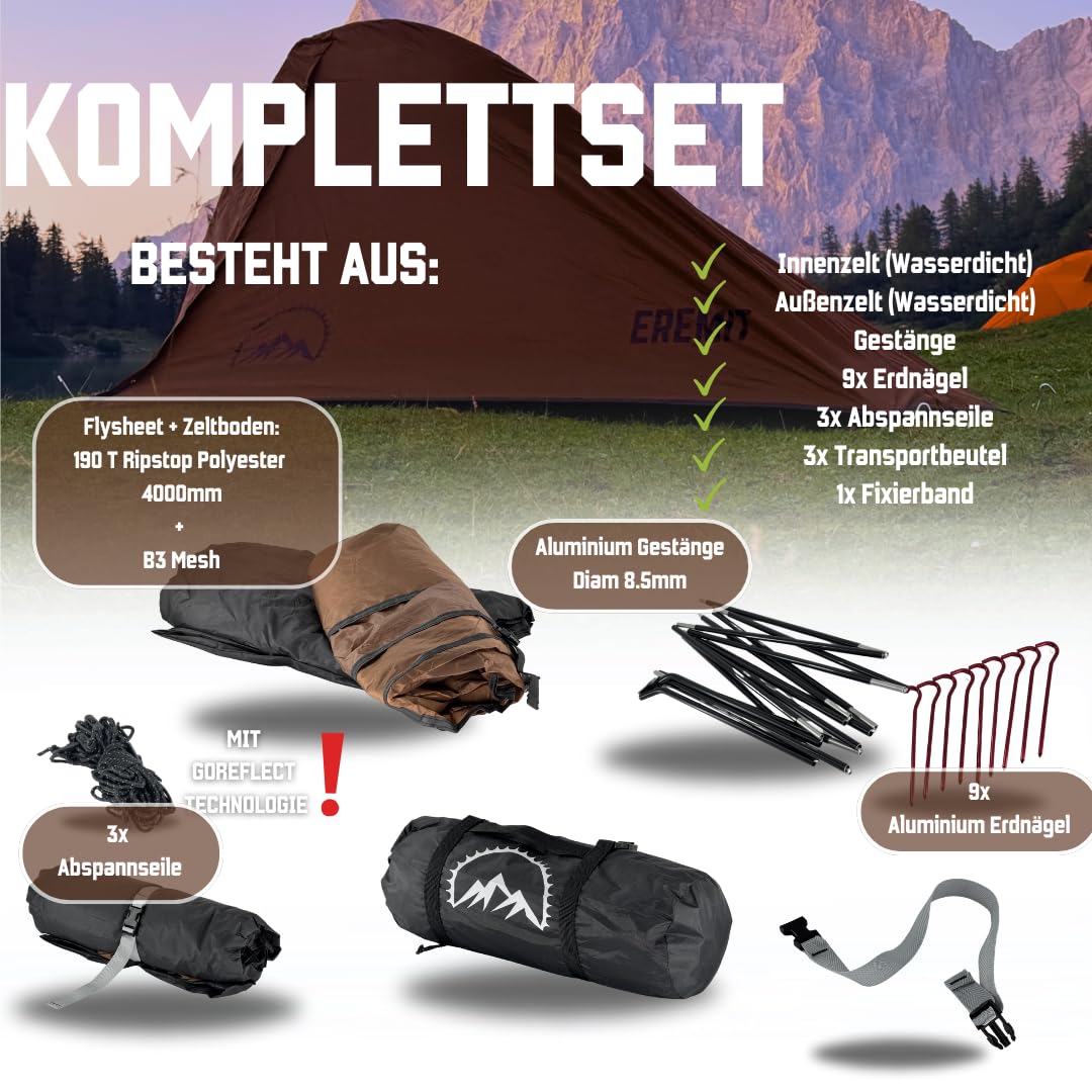 Tienda GOALPINE® para 1 y 2 Personas Grandes | Impermeable 4000 mm | tamaño de Paquete pequeño | para Senderismo, excursiones de montaña y Ciclismo | Ultraligero | 4 Estaciones | construcción rápida