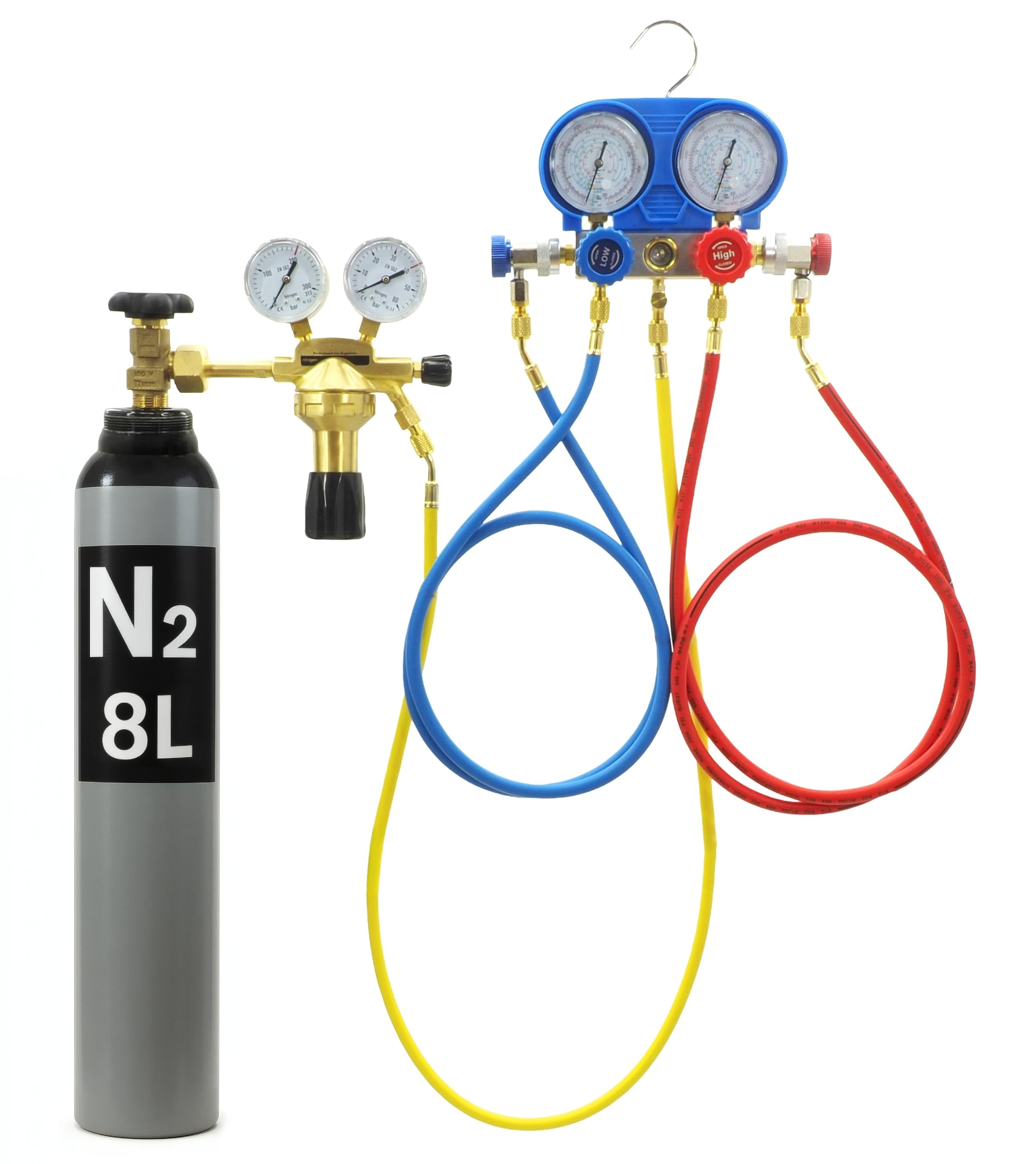 Air Conditioning Pressure Gauges + Nitrogen Bottle 8L/10L – Diagnostic Pressure Gauge R134A R410A R22 – Complete Kit Leak Test Air Conditioning – Pressure Gauge with Reducer 40bar Professional