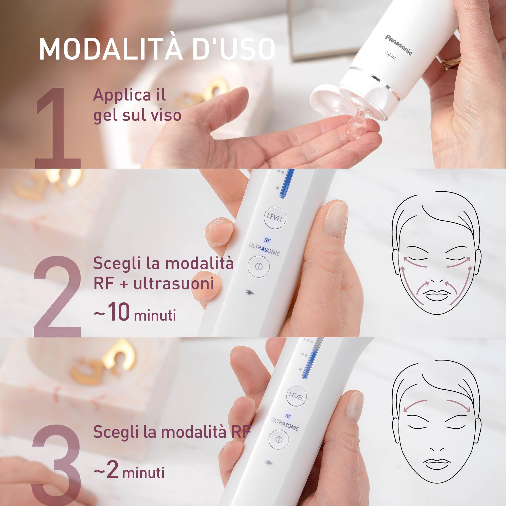 Panasonic EH-XR10 Dispositivo Viso Avanzato con Tecnologia a Radiofrequenza e Ultrasuoni, Design Ergonomico