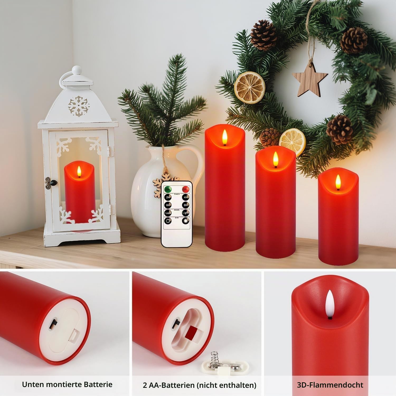 LIVEN Flackernde flammenlose LED-Kerzen, batteriebetriebene Stumpenkerzen mit Fernbedienung, für Neujahr, Heimdekoration, Partys, Hochzeiten, 24 Stück (T 5 x H 12,7 cm, 15,2 cm, 17,8 cm, Rot)