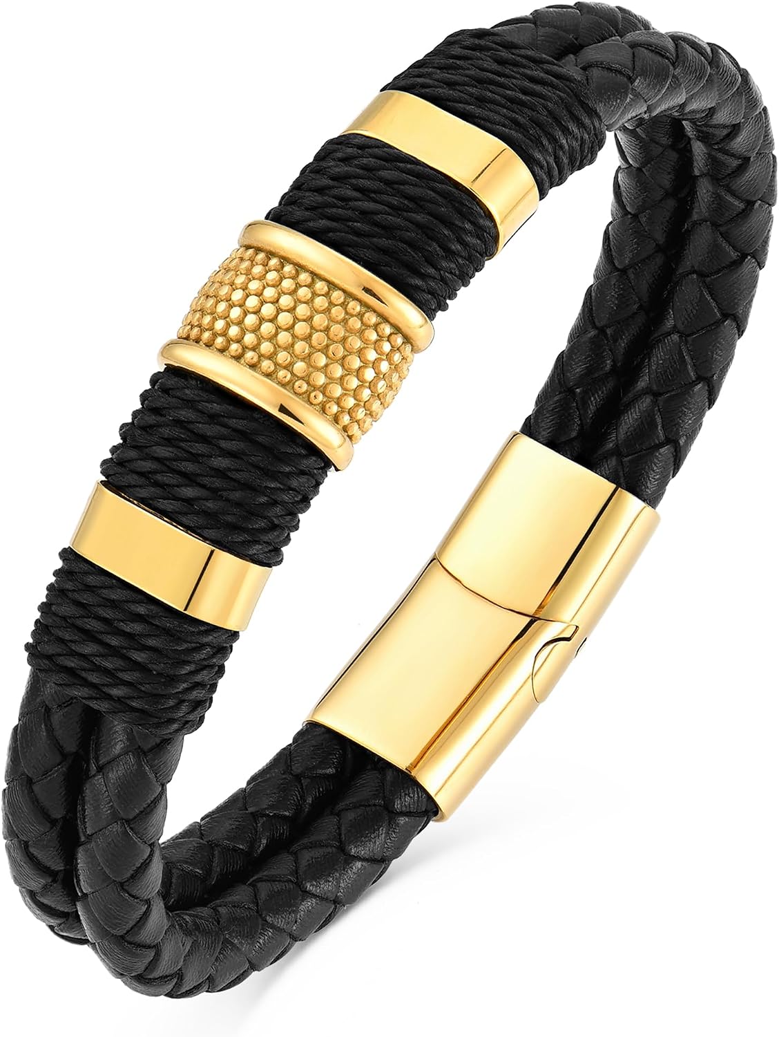 YL Braided Leather Mens Bracelet, 18K White/Yellow Gold/Rhodium Plated Stainless Steel Black/Brown/Red/Green Cuff Military Hero Punk Handcrafted Jewelry Gifts for Women