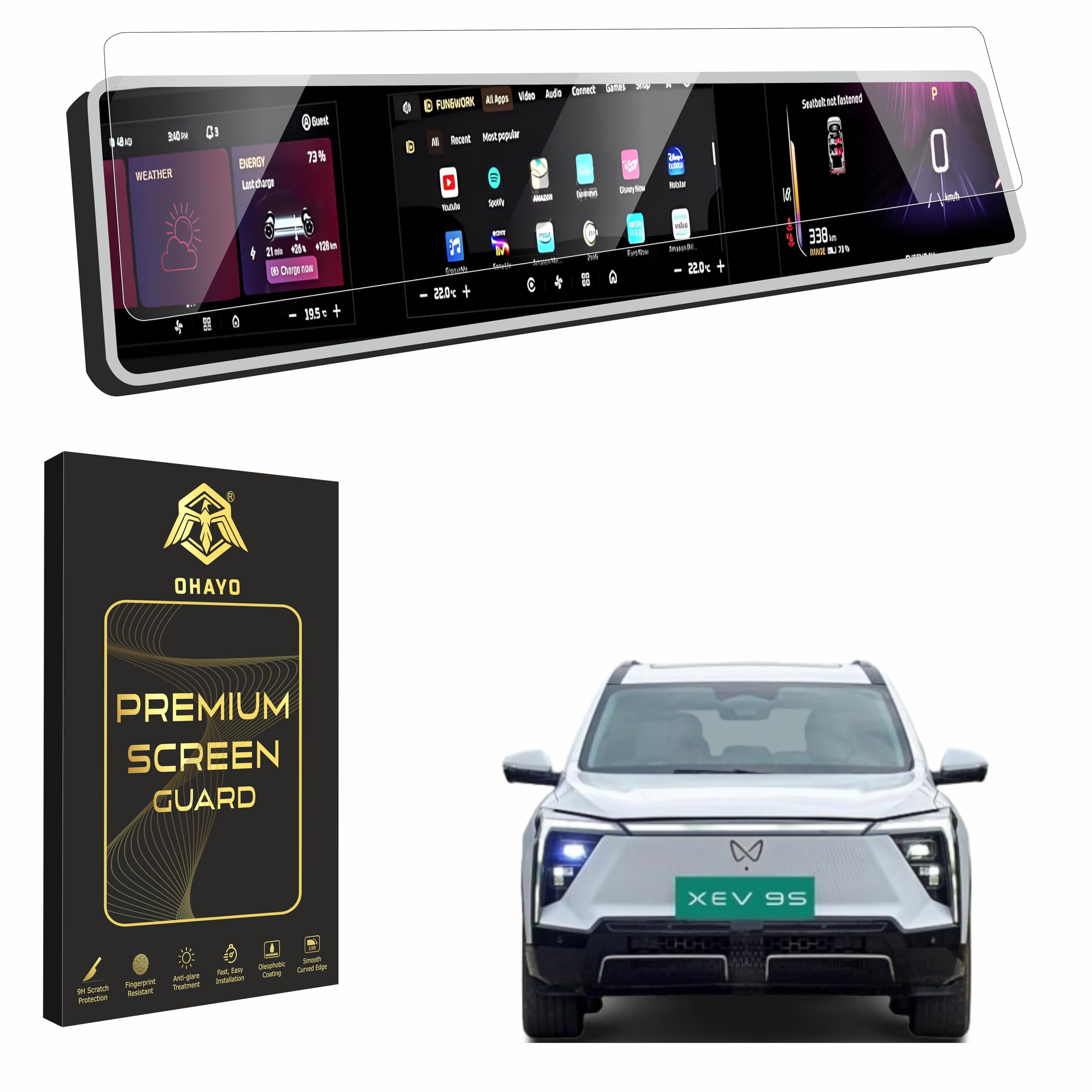 OHAYO Screen Protector Combo for Mahindra XEV 9e & XEV 9s 2025-2026 Electric SUV | 12.3 Inch Touchscreen Display Guard + Storage Panel Protective Film | Compatible with Pack One, Pack Two & Pack Three Above Variants | 9H Hardness, Military Strength, Scratch Resistant, Bubble Free, Water Repellent | Not Tempered Glass-image-3