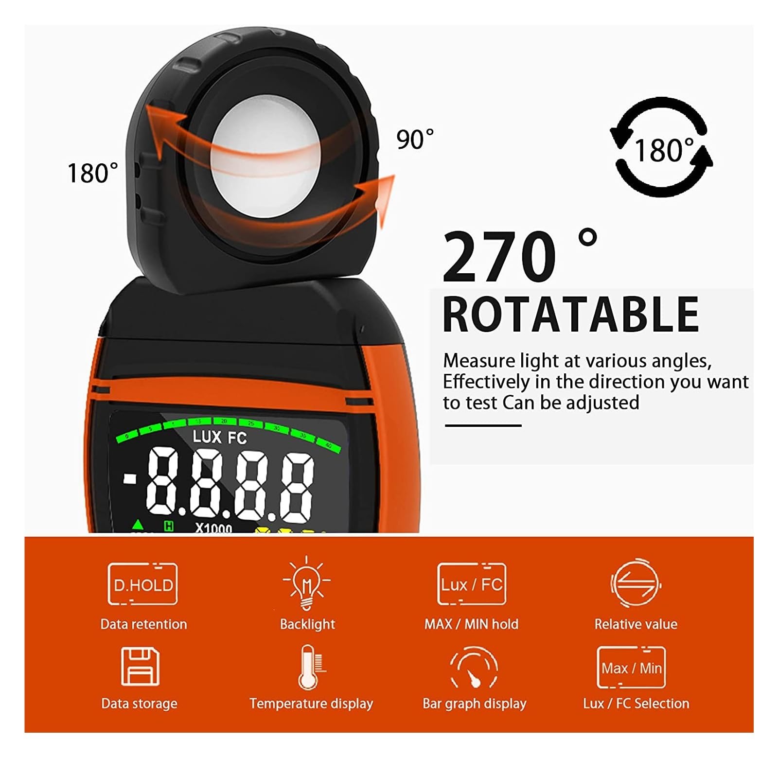 Luxómetro Portátil, Medidor de lux digital BT-8801A Probador de intensidad de luz portátil de 1 a 400 000 lux