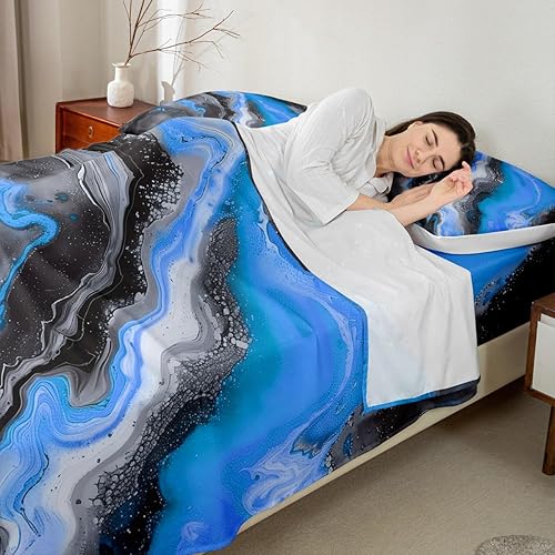Miniatura 4 de Juego de sábanas de mármol verde azulado, diseño de mármol aguamarina, sábana bajera ajustable de cristal turquesa mineral mármol para niños y
