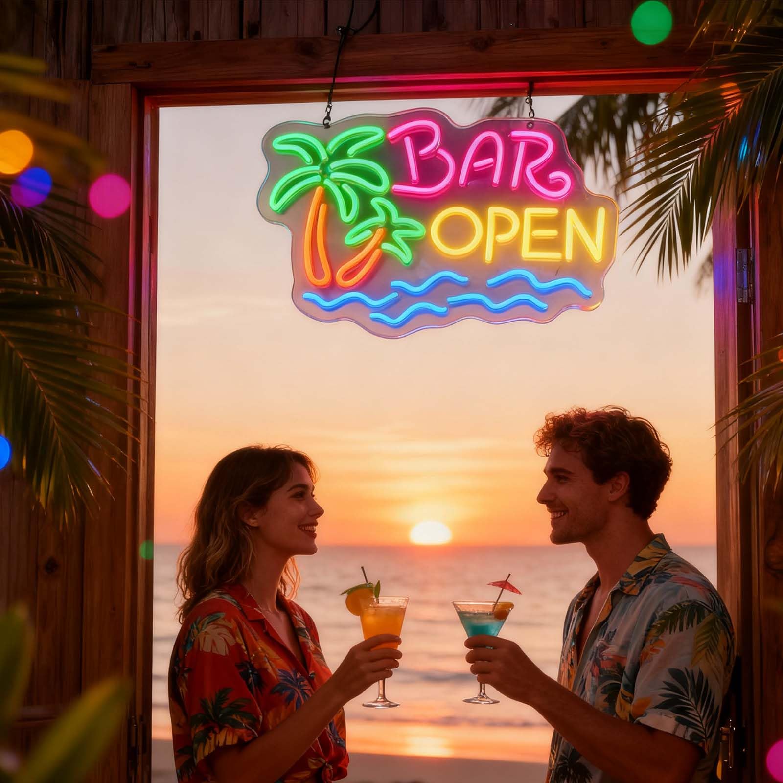 BAR OPEN neonowy znak, z możliwością przyciemniania, intensywność światła, palma i fala, dekoracja USB, dekoracja do domu, baru, na imprezę, z wiszącym łańcuszkiem (zielony + pomarańczowy + różowy +