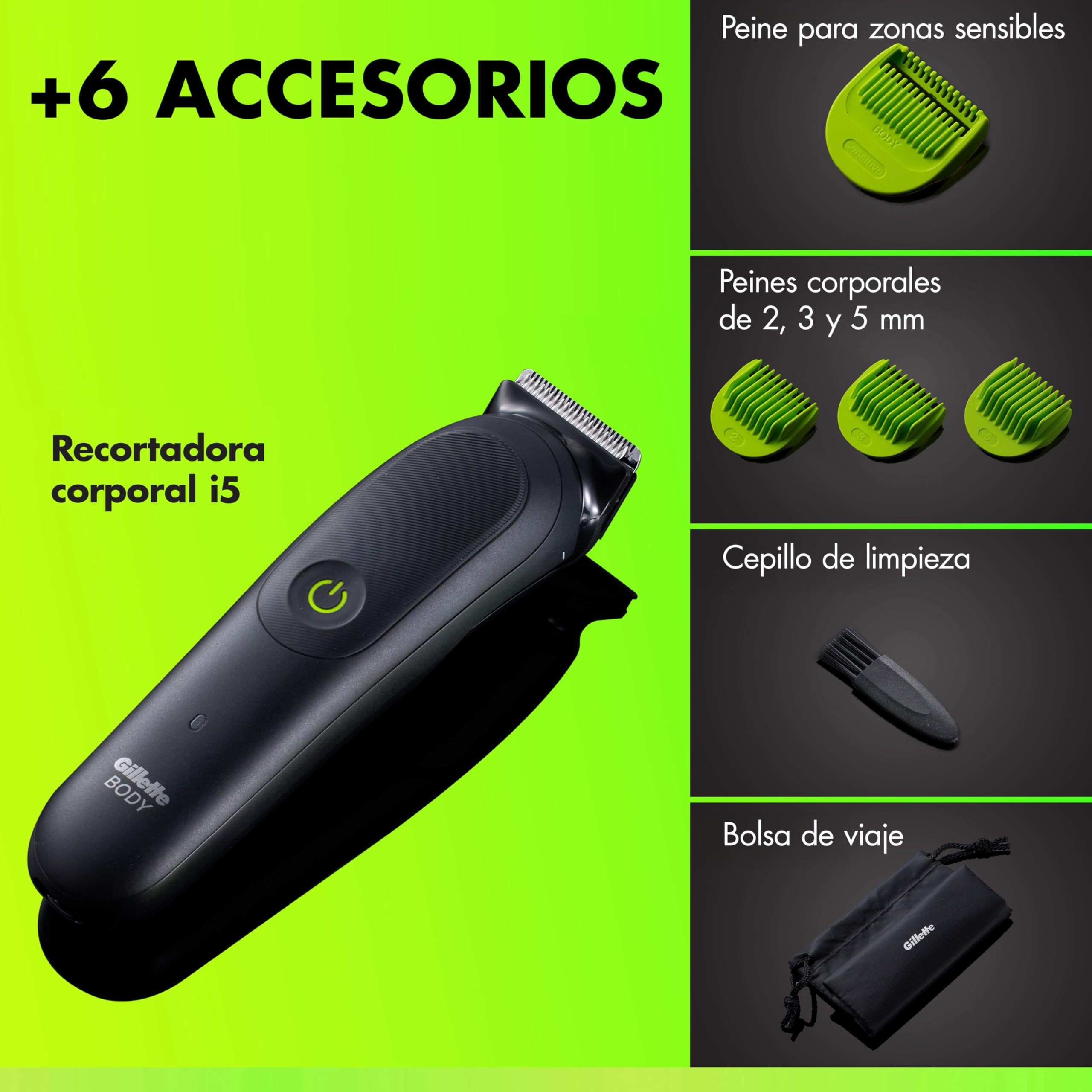 GilletteLabs i5 Body + Intimate Afeitadora Corporal con 4 Peines Y Funda, Negro/Verde - Depiladora Corporal Hombre Impermeable, Tecnología Skinfirst, Recargable, Rasura el Cuerpo Y Zona íntima