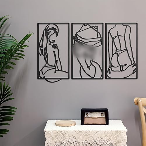 Peryiter 3 piezas de decoración de pared minimalista moderna abstracta de metal arte de pared de línea de metal, arte corporal de mujer para Negro