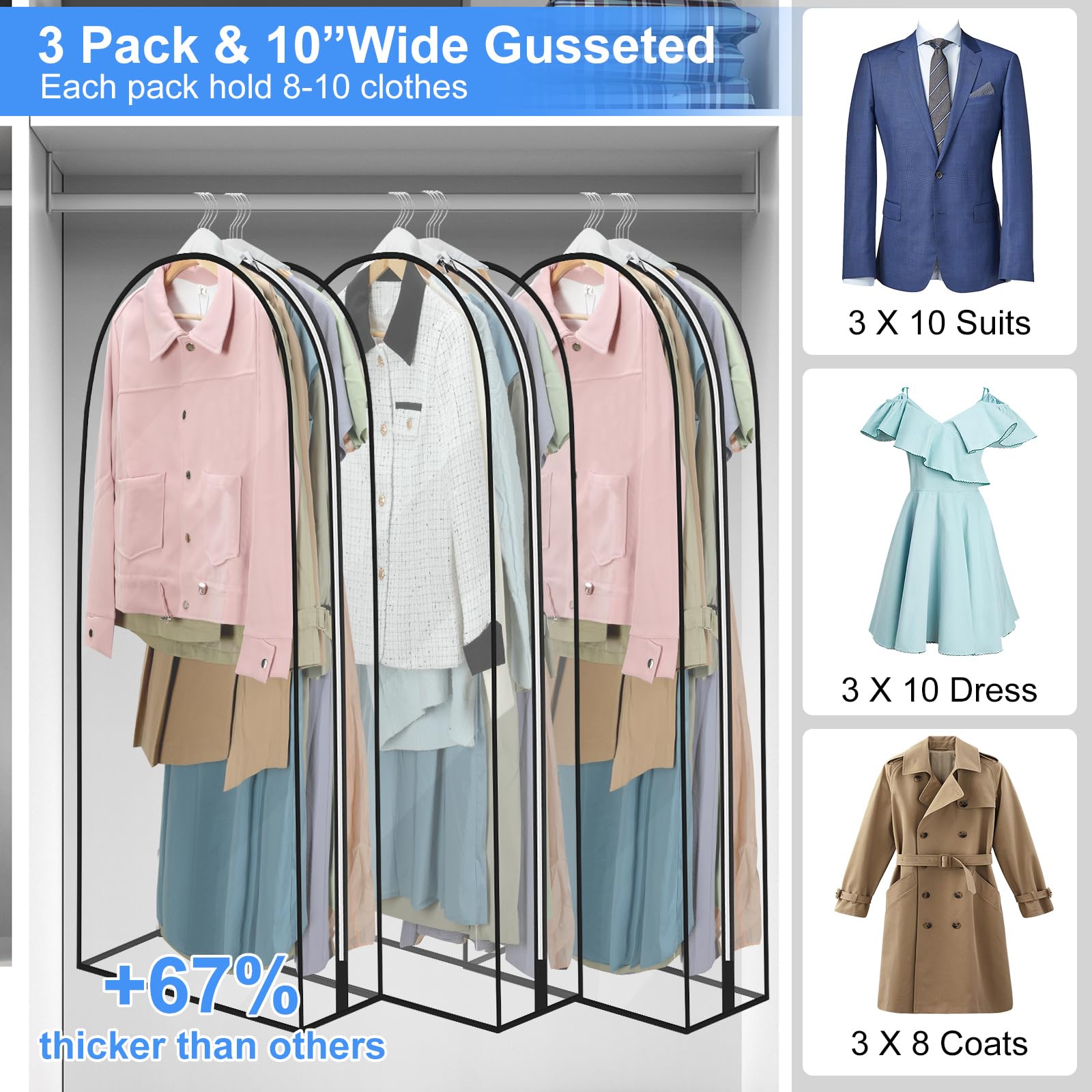 YYDSLEE Waterproof Transparent Garment Bags Suit 3 Pieces 60 x 102 cm Suit Bag Cover with Zip for Suits Dresses Coats Jackets Shirts Moth Protection Suit Bag Storage Clothes Cover - Image 2