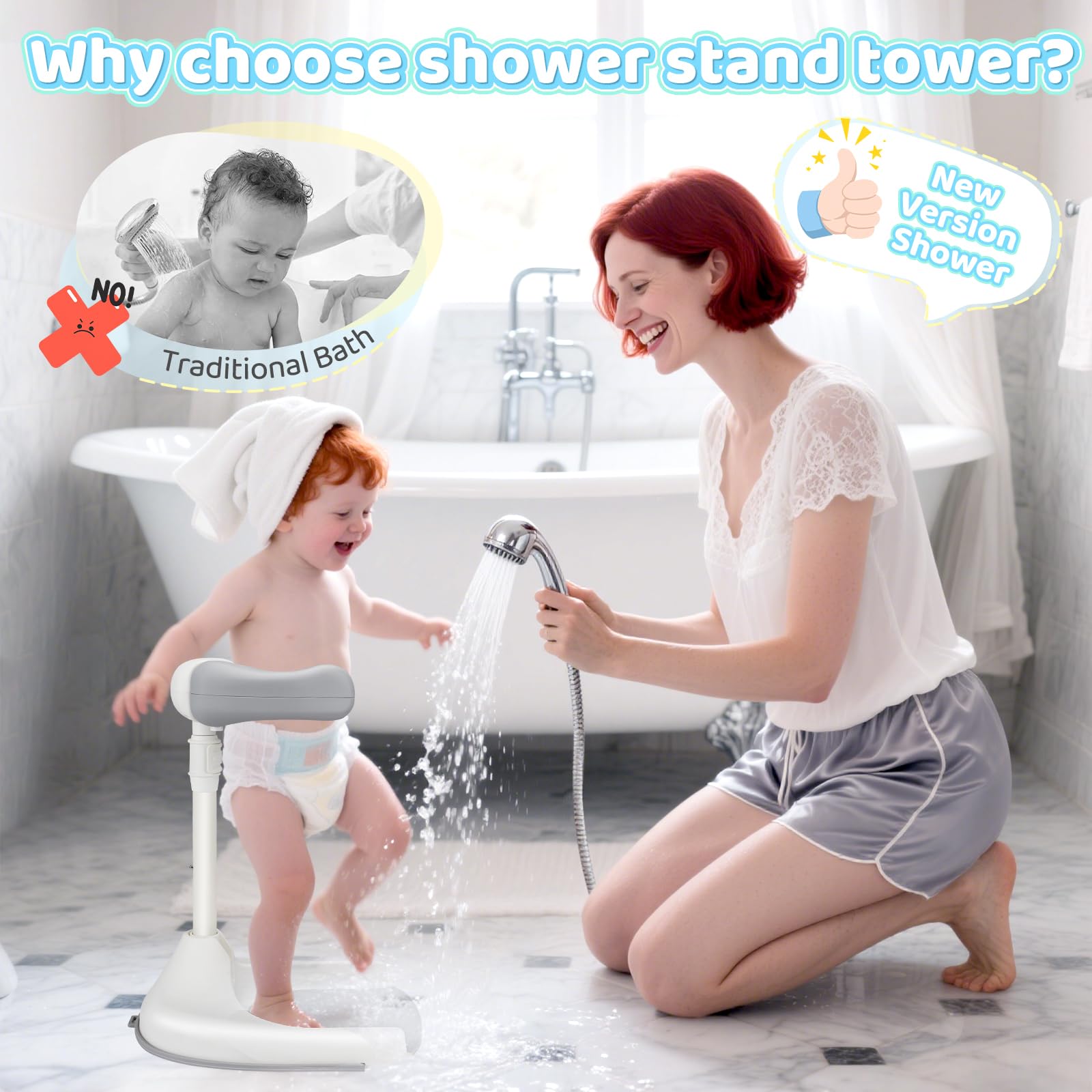 Baby Shower Stand Bath,Support Baignoire Bébé,Support Debout De La Douche De Bébé Antidérapante,Réglable En Hauteur,Support De Douche Pour Les Tout-Petits De 8 À 36 Mois