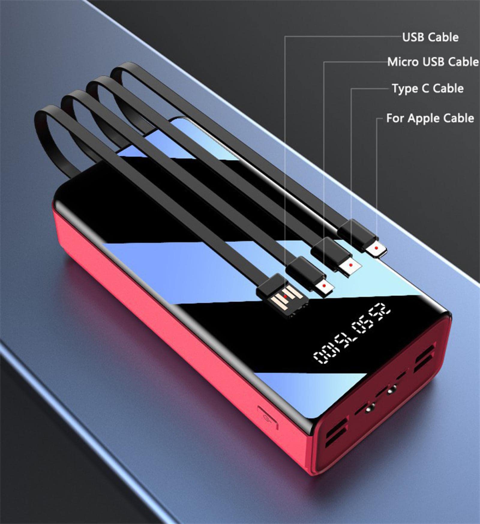600000mAh Power Bank Mirror Screen Display a LED Poverbank Caricabatterie esterno portatile Powerbank per telefoni cellulari Nero
