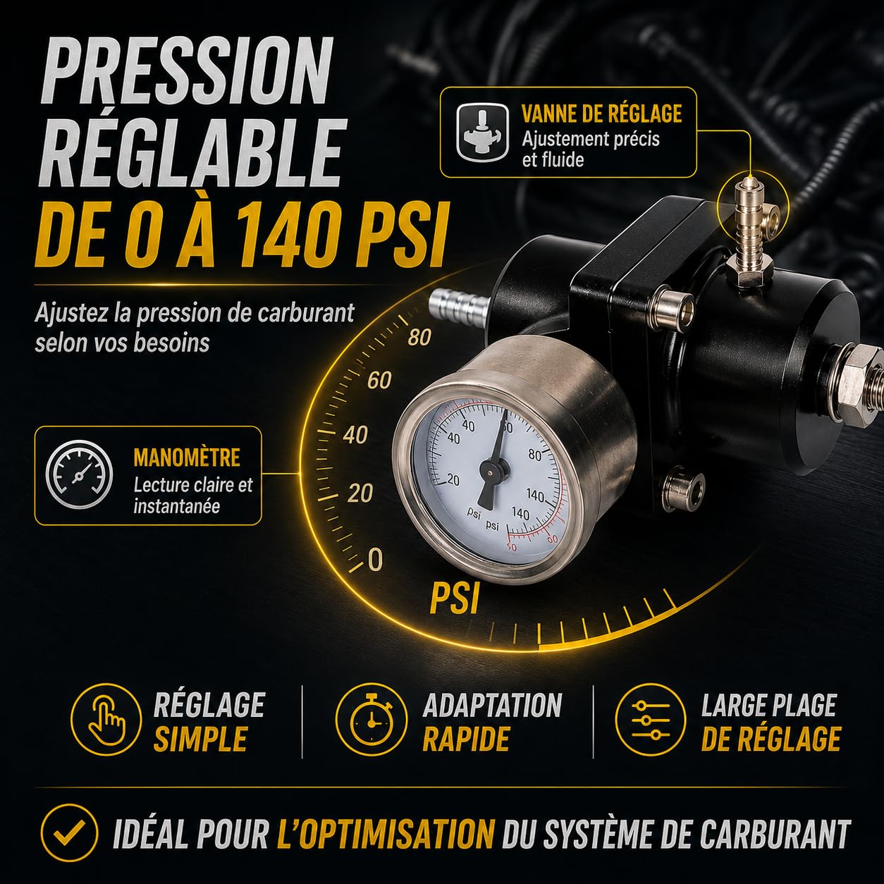 Regolatore di Pressione Universale per Benzina, Set di Regolatore di Pressione del Carburante 0-140psi Regolabile Valvola di Regolazione della Pressione del Carburante con Manometro