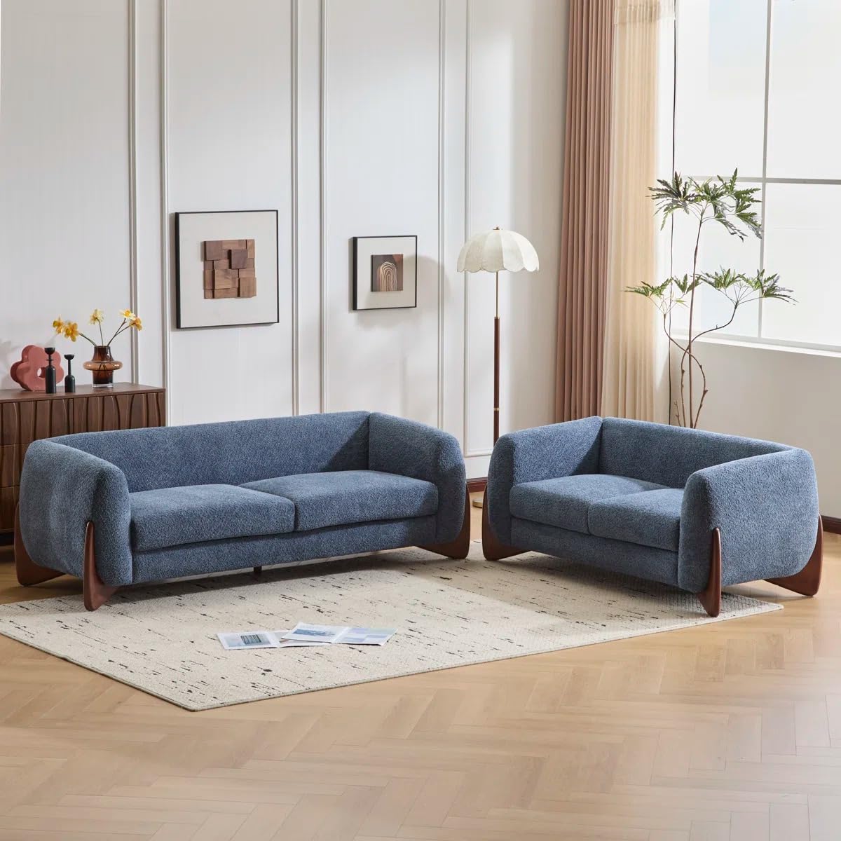 SHINE WOOD ART Boucle Upholstered 5-Seater Sofa and Loveseat Navy Blue