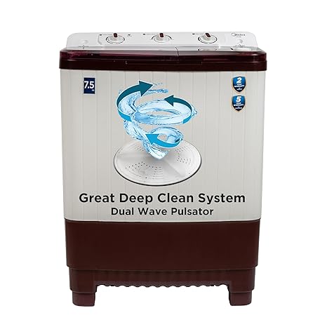 Midea 7.5 KG Semi Automatic Top Loading Washing Machine, Rust proof Body, Air Dry Function with 1300 RPM (MWMSA075PPG, Maroon White)