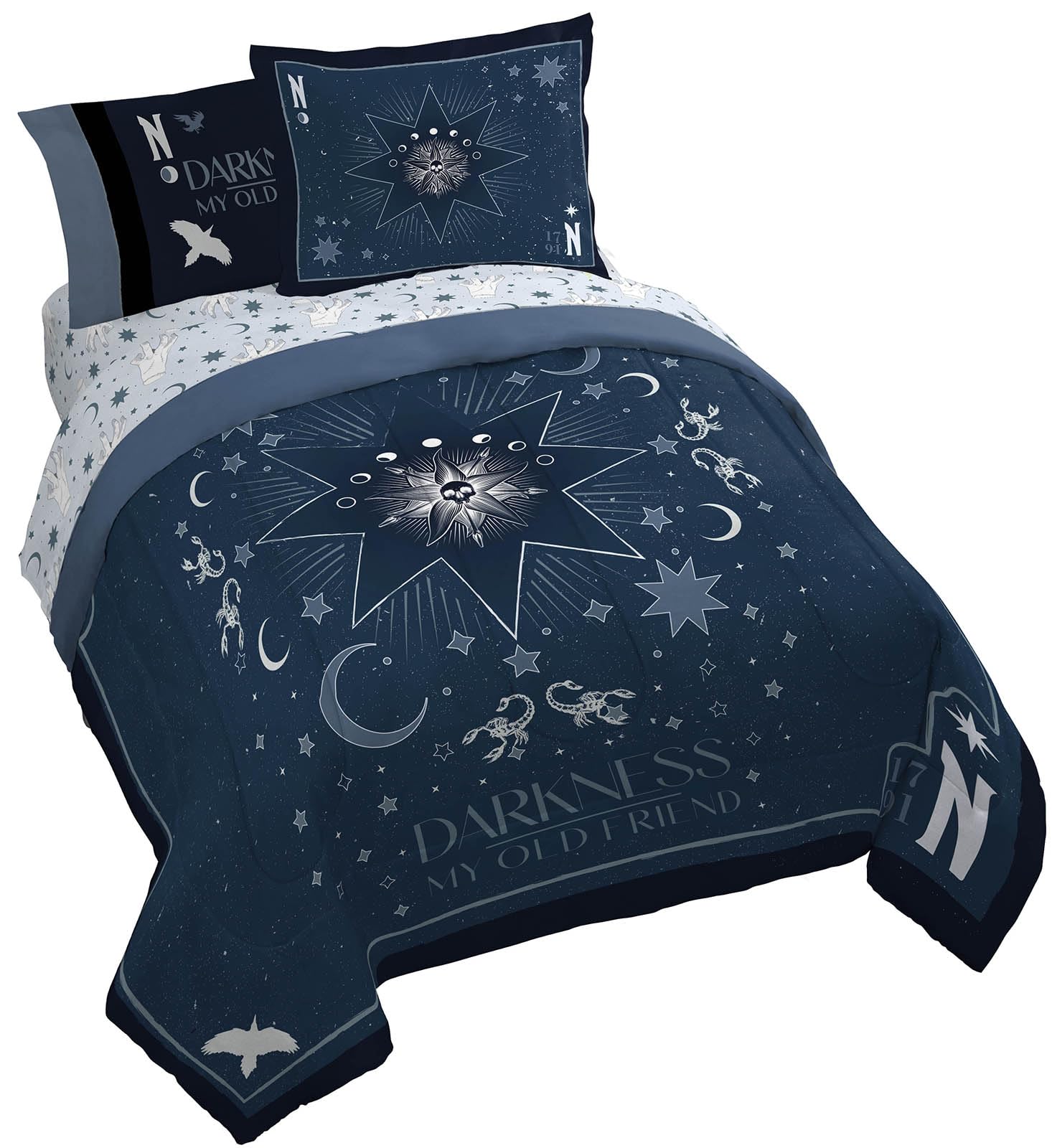 Jay Franco Wednesday Addams King Size Comforter Set - 7 Piece Bedding Includes Sheet Set & Pillow Covers - Blue Stars Super Soft Cozy Bedding