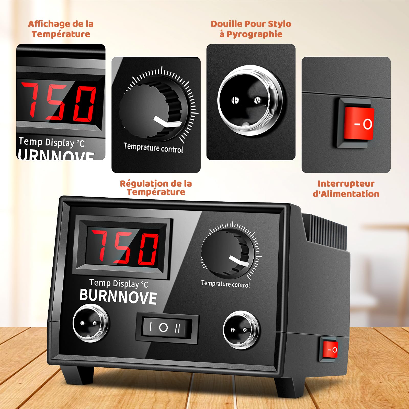 BURNNOVE Kit Pyrogravure Bois 100W avec Double Stylo et Écran LCD | Température réglable de 100 à 750°C, 21 pointes, support, éponge et boîte de rangement pour gravure sur bois et cuir