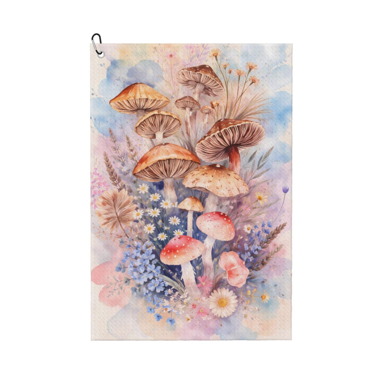 Oudrspo Dreamy Watercolor Mushroom and Flower Multi-Functional Golf Towel | Absorbent Quick Drying 16x24in