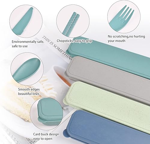 Miniatura 10 de Travel Utensils with Case, 2 Sets Wheat Straw Cutlery Set, Camping Utensils for Lunch Box, Reusable Plastic Utensil Set Knife Spoon Fork Chopsticks,