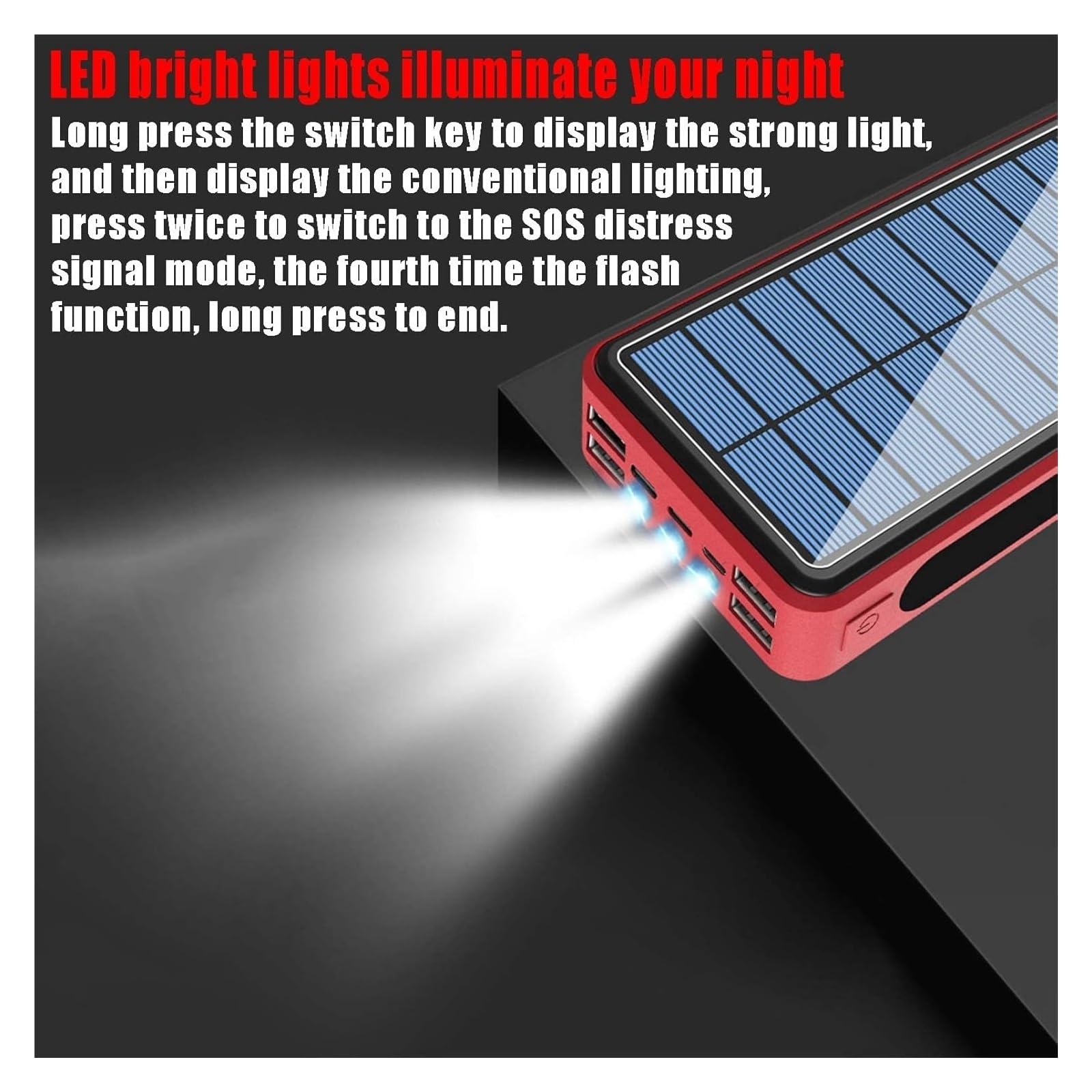 Caricatore solare 100000Mah Waterproof Qi Wireless Power Bank campeggio Battery Pack with Solar Panel Fast charge 5V/2.1A Input/Output, LED flash [classe energetica A]