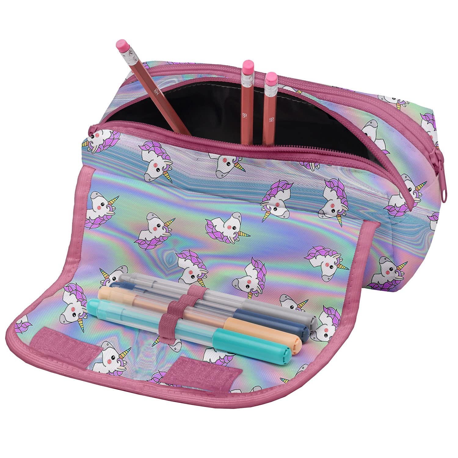 Personnalisé Trousse scolaire pour les Filles 2 compartiments avec Rabat et Nom Sac a Crayon Trousse de toilette Trousse Plumier Organisateur Holo Unicorn [151]
