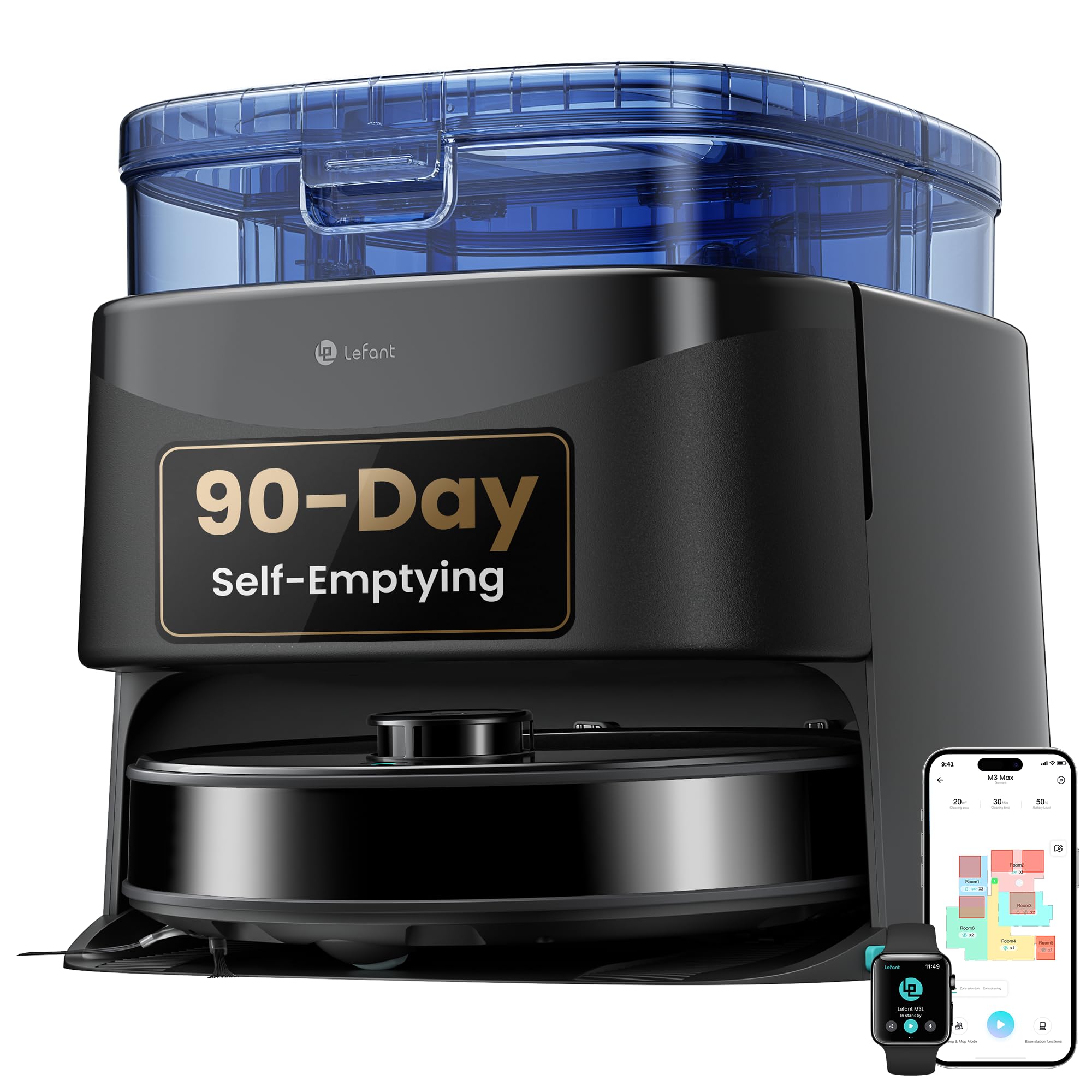 Lefant Robot Vacuum and Mop, 20000Pa Suction, 90-Day Self-Emptying, Obstacle Avoidance, Auto Mop Washing&amp;Drying, All-in-One for Pet Hair Carpet, 5G WiFi Alexa/APP/iWatch Control, M3 Max