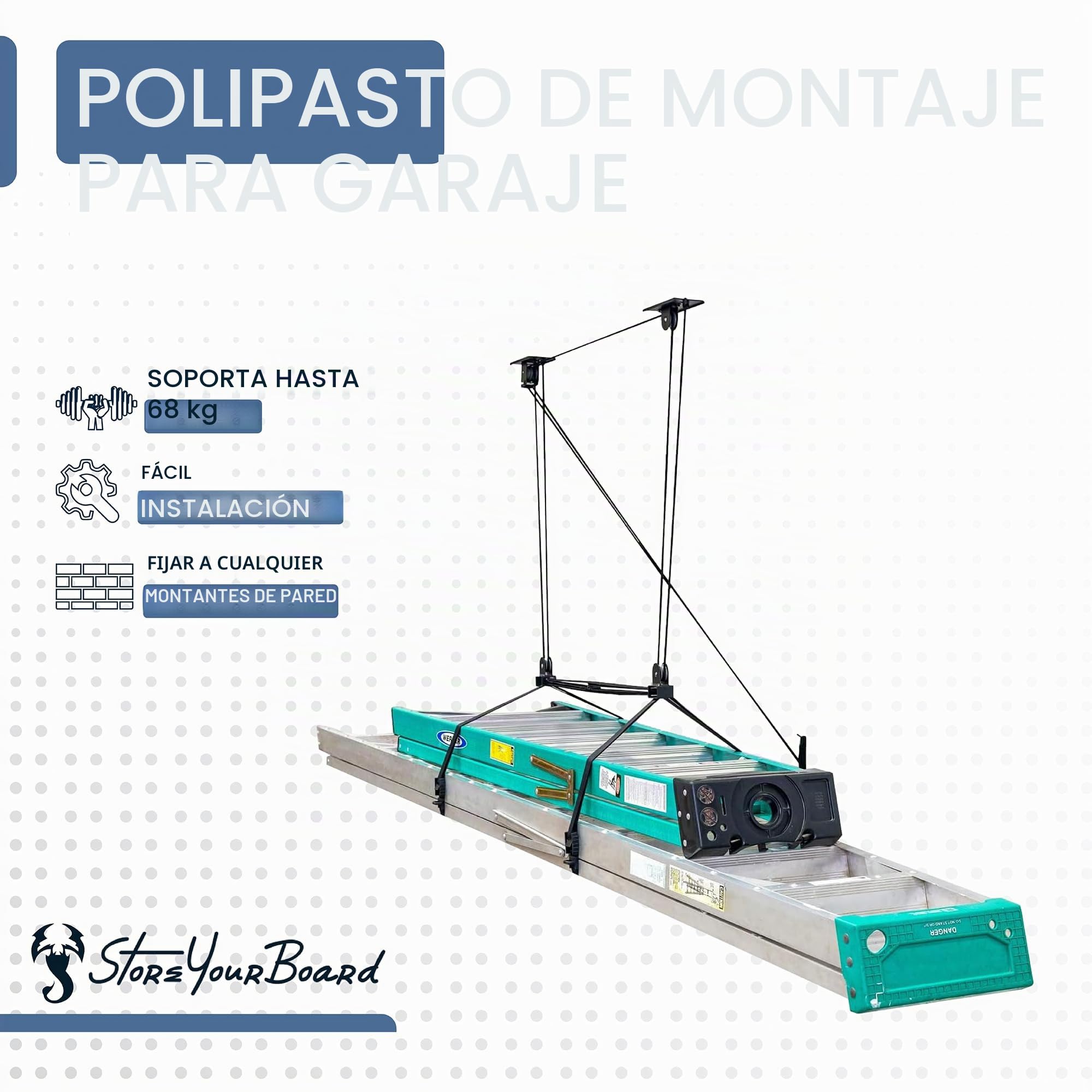 StoreYourBoard Polea de almacenamiento para escalera de techo de garaje, sistema de elevación superior, 150 lb