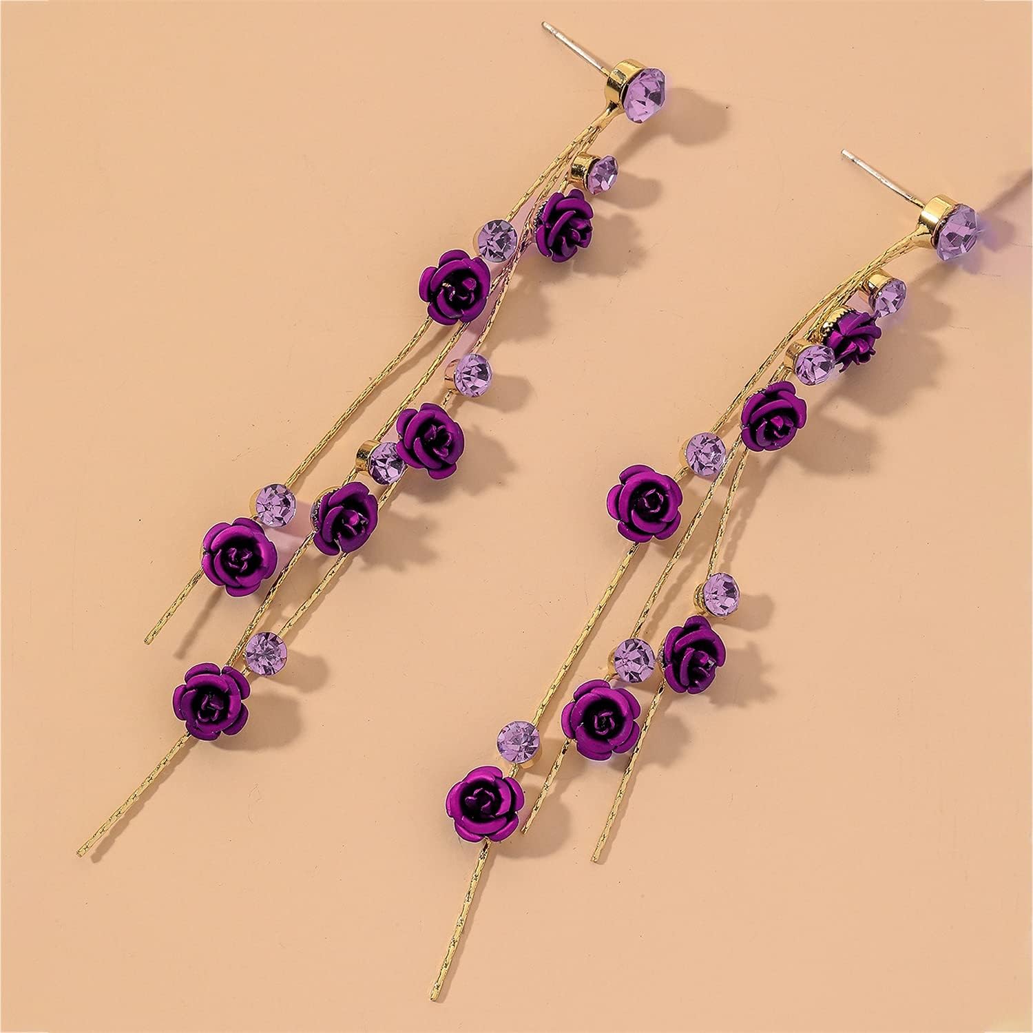 Elegant Chic Long Shine Tassel Chain Red Purple Rose Flower Dangle Drop Stud Earrings with White Sparkly Crystal for Women Statement Jewelry Gifts - Image 9
