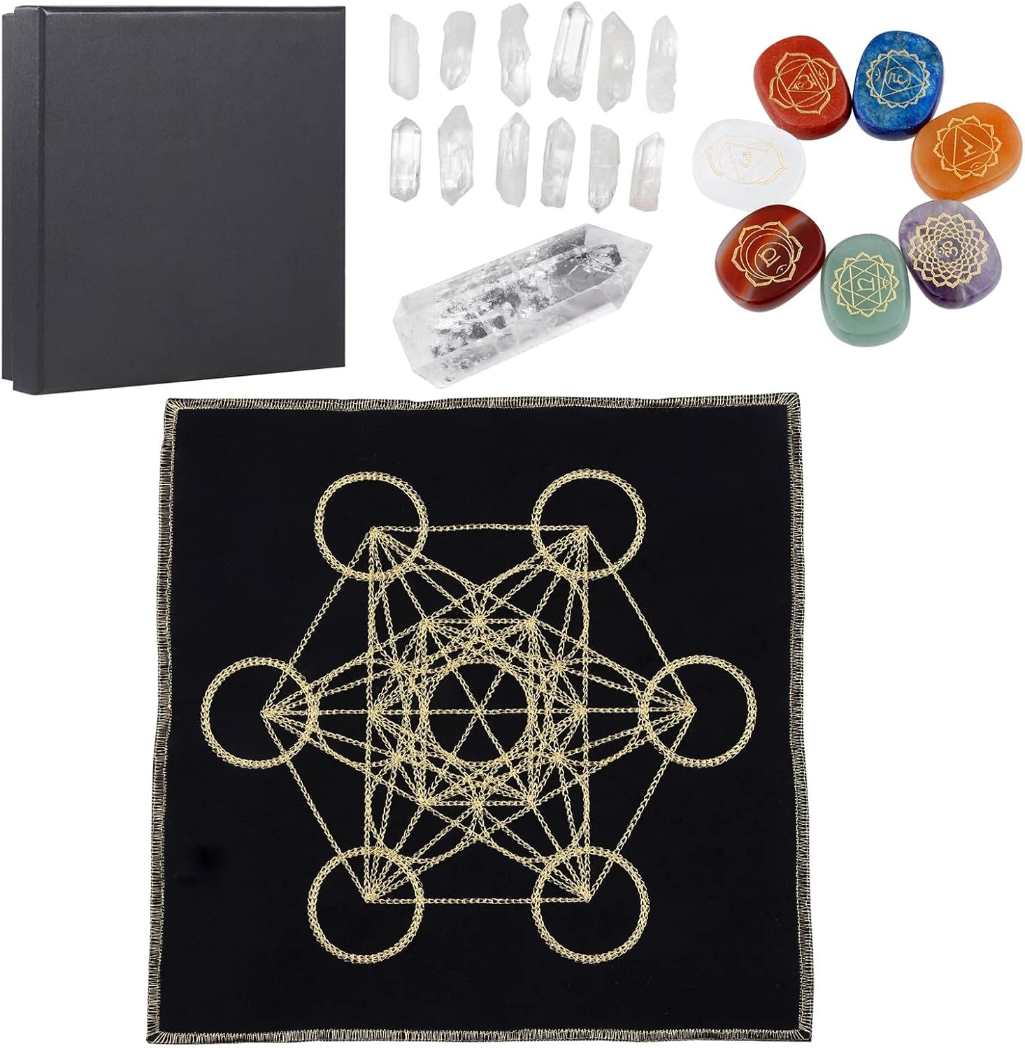 SUNYIK Healing Stone Crystal Kit with Black Energy Mat, 7 Chakra Crystal Set for Beginners Divination and Meditation Altar Home Decor, 7 Chakra Color & Clear