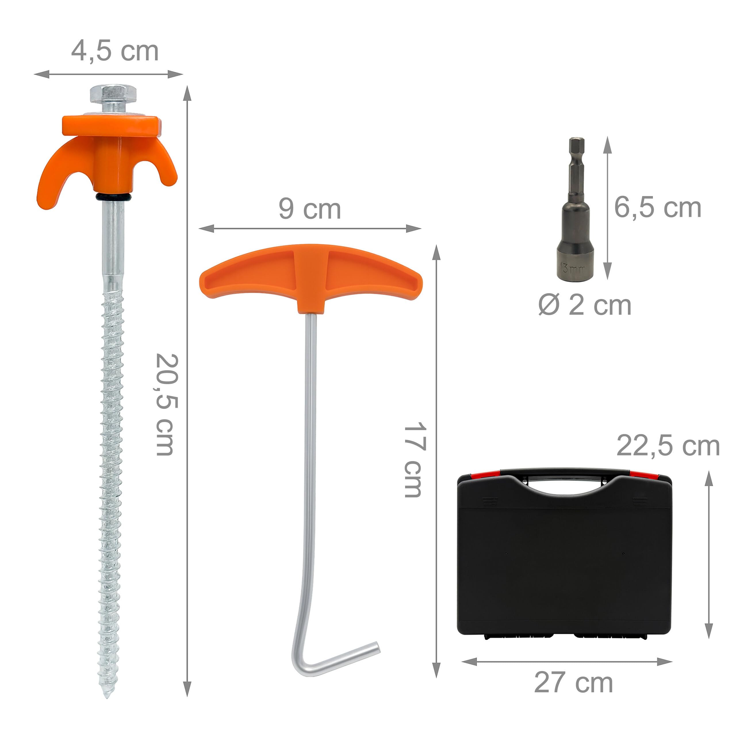 Relaxdays Śledzie śrubowe, zestaw 20 sztuk, śledzie namiotowe ze stali, w walizce, długość 20 cm, z adapterem, kotwa do podłoża, do użytku na zewnątrz, pomarańczowe