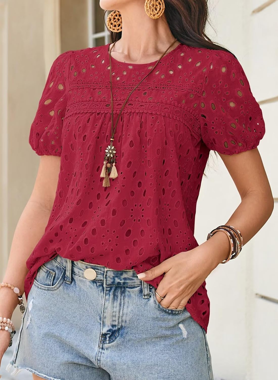 Womens Summer Tops Crewneck Short Sleeve Shirts Casual Babydoll Chiffon Blouses Eyelet Flowy Lace Hem Boho Clothing - Image 6
