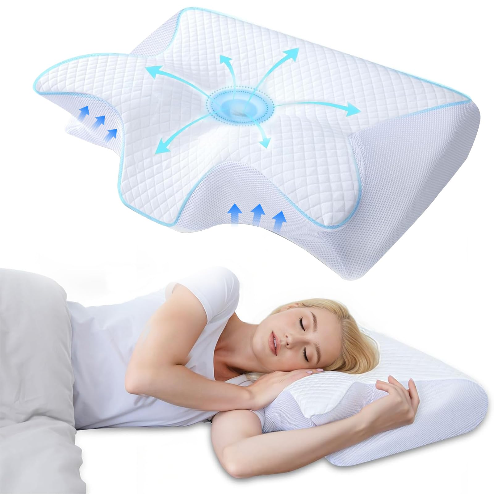 AsBellt Cervical Neck Pillow, Ergonomic Memory Foam Pillows for Neck Pain Relief with Removable Pillowcase, Contour Neck Support Pillow for Side, Back & Stomach Sleepers(White)