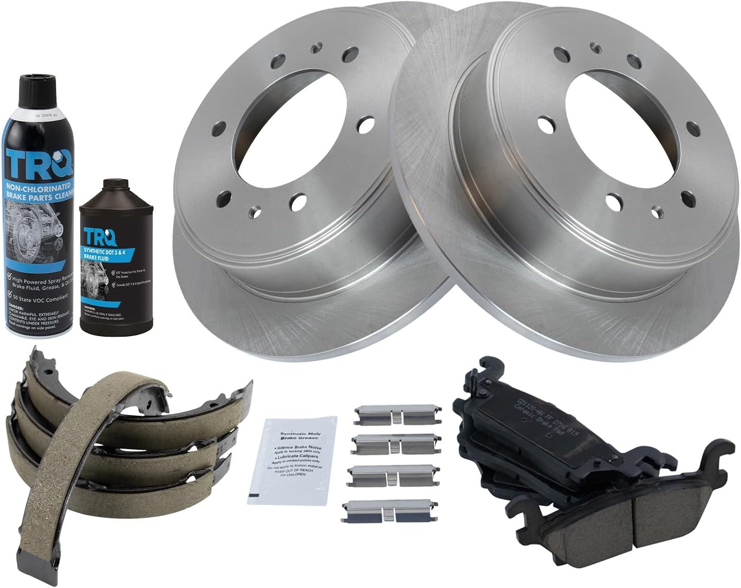 TRQ Rear Brake Pad & Rotor Kit Brake Chemical Kit Brake Pads Brake Rotor Parking Brake Shoe Set Ceramic Compatible with 2006-2010 Hummer H3 2009-2010 H3T