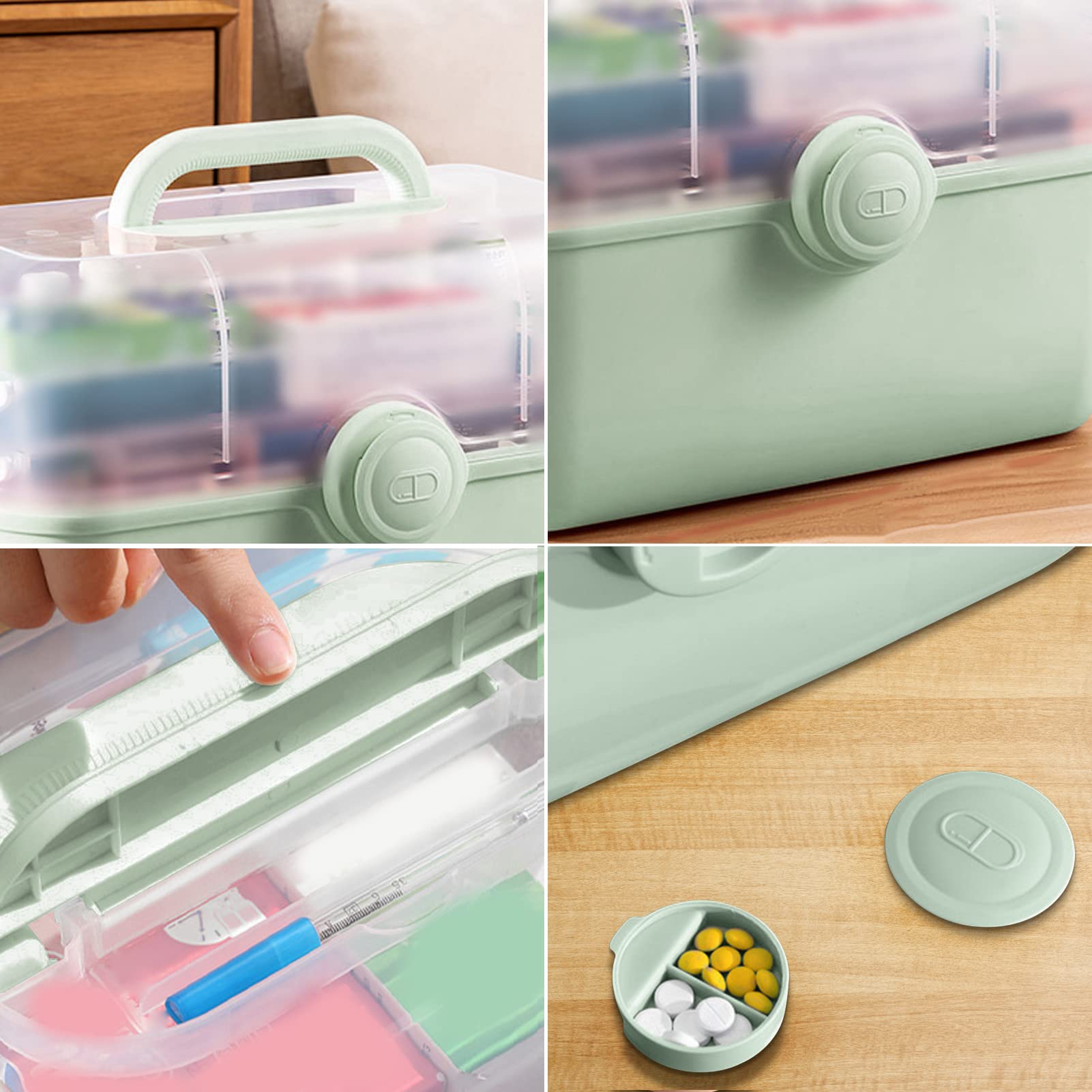 Caja de medicamentos Caja de primeros auxilios transparente, Organizador de envases de medicamentos de gran capacidad con estuche para kit organizador de píldoras Gabinete(L Verde),, L Verde, estilo