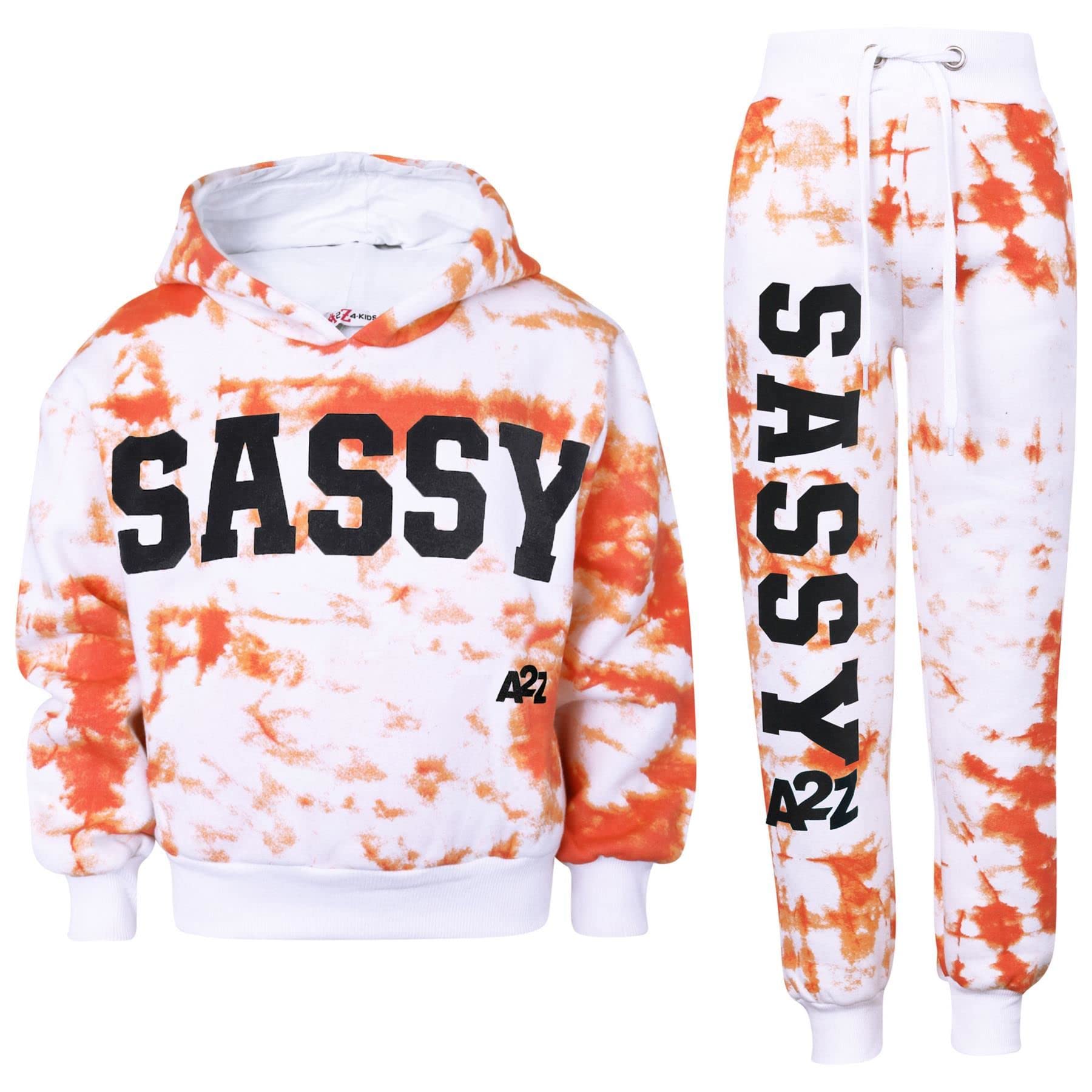 A2z 4 Kids Girls Orange Tracksuit Tie Dye Sassy Fleece Hooded Crop Top - T.s Crop Sassy 13