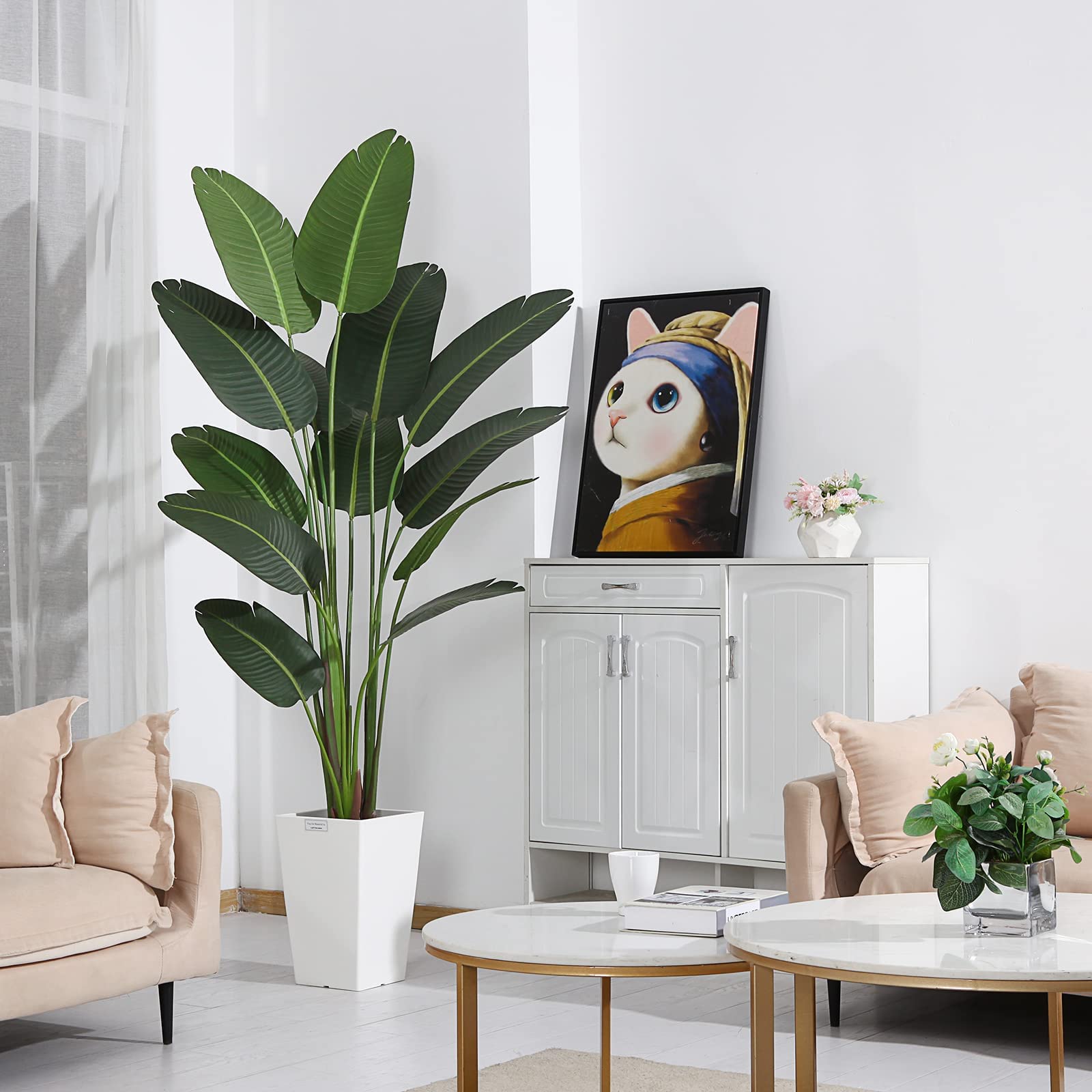 Ferrgoal Artificial Bird of Paradise Plants 6 Ft Fake Tropical Palm Tree with 13 Trunks in Pot and Woven Seagrass Belly Basket Perfect Faux Plant for Home Indoor Outdoor Office Modern Decor Green 1Pc…