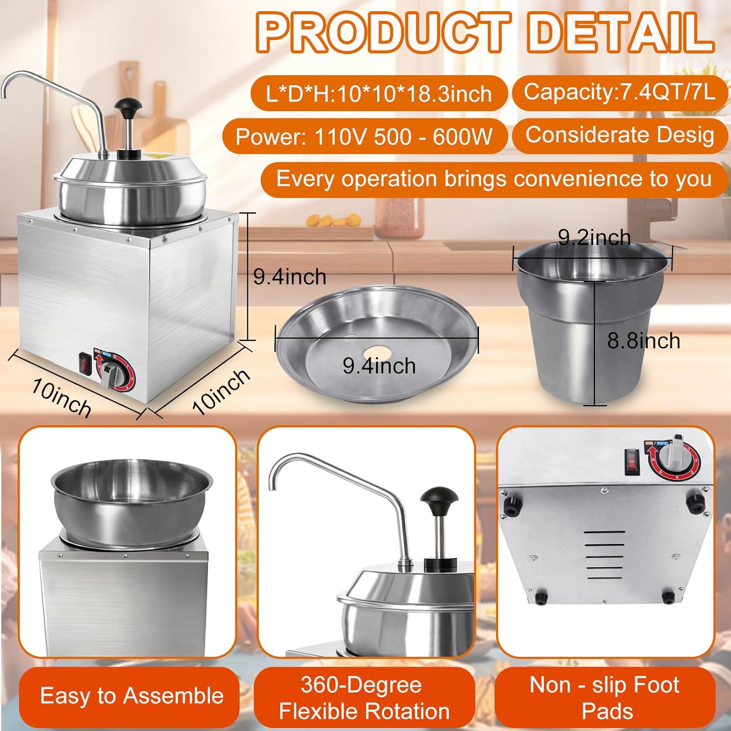 7.4Qt Nacho Cheese Dispenser with Stainless Steel Pump, 6-Level Temperature Adjustment Nacho Cheese Warmer, Commercial Sauce Dispenser for Butter, Caramel&Hot Fudge