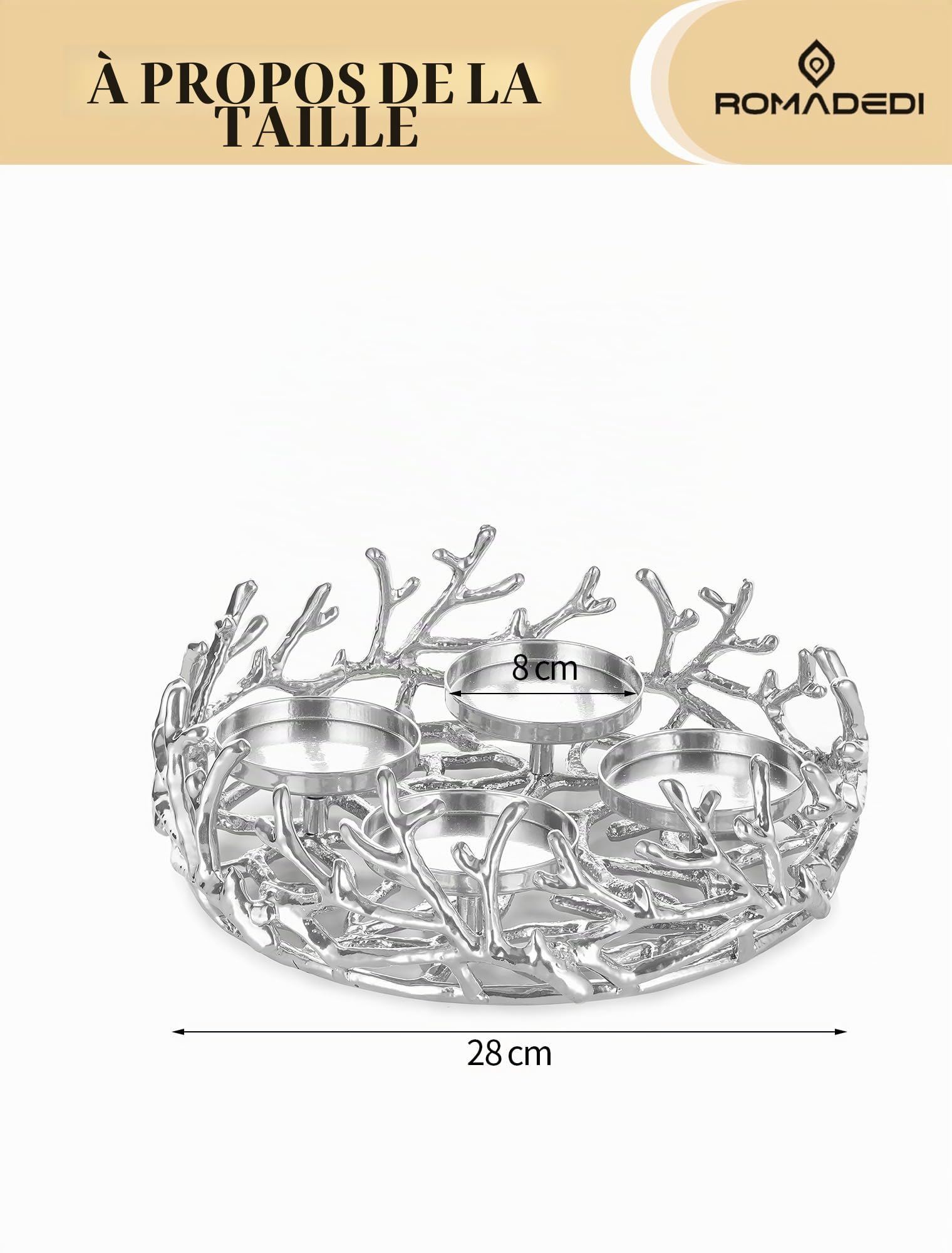 Romadedi Couronne de l'Avent Vintage en forme de bois de cerf Argent: Arrangement de couronne de l'Avent rond petit en aluminium Ø 28 cm pour 4 bougies de 8 cm de diamètre - Support de couronne de
