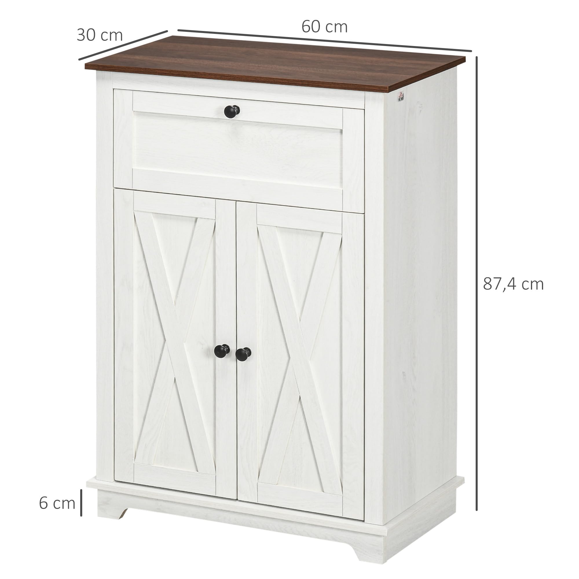 HOMCOM Buffet de Cuisine Multi-rangements 2 Portes avec étagère réglable, 1 tiroir, Design Campagne, pour Salon, Chambre et Cuisine, 60 x 30 x 87,5 cm, Blanc