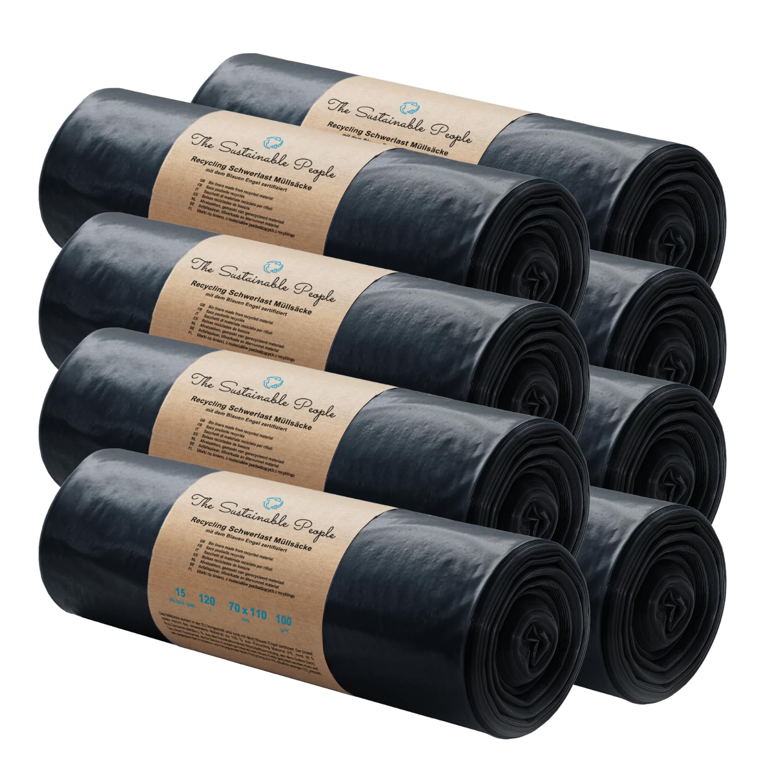 TSP Schwerlast Müllsäcke 120L - aus mind. 90% Post-Consumer-Abfällen (PE) - Blauer Engel zertifiziert - extrem reißfest - 150er Karton – unsere stärksten (100 μm) - ideal für besonders schwere Abfälle