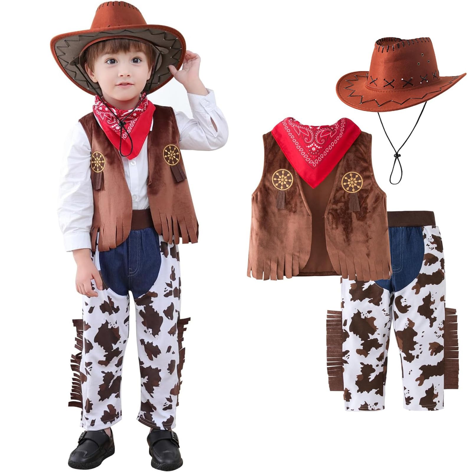 Deguisement Costume de Cowboy avec Bandana Rouge, Pantalon, Gilet et Chapeau, Déguisement Cowboy Enfant Garcon, Garçon Déguisements Cowboys Costume Barboteuse Carnaval Tenues Halloween Noël